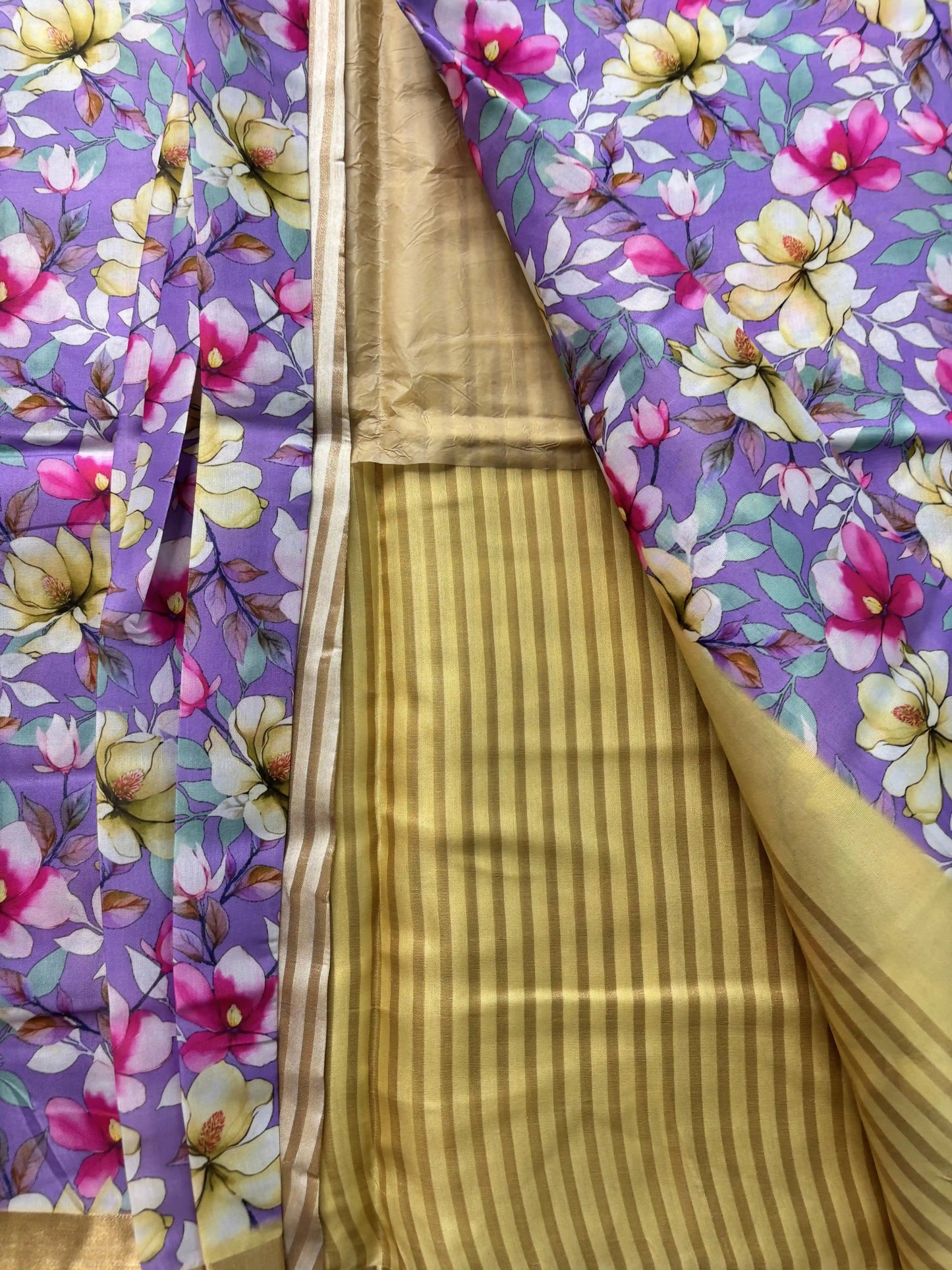 Candy Lavendar and Yellow Floral Pint body and Gold Zari Border Saree