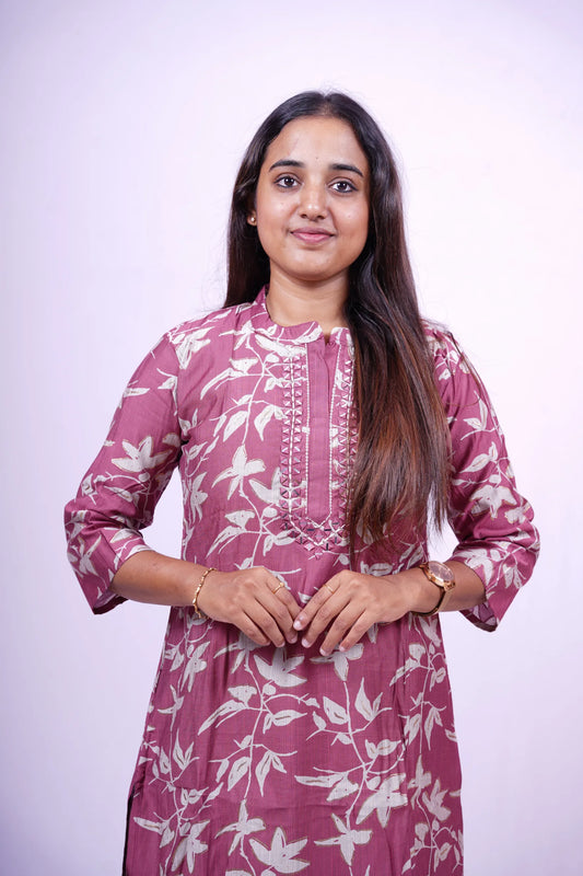 Chic Plum Floral Kurthi Set with Dupatta - 3-Piece Kurthi Set | T2-004