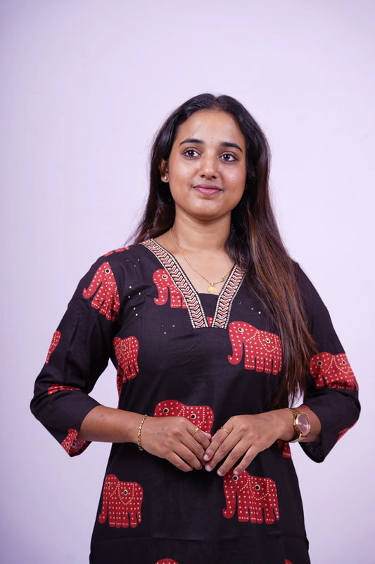 Summer Style Black with Red Elephant Motif 2-Piece Kurthi Set | R2-004