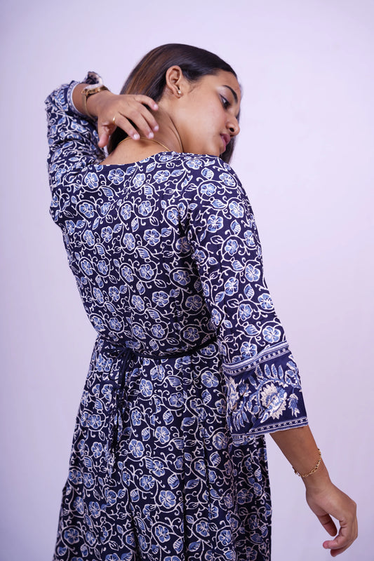 Blue Floral Print A-Line Kurthi | Q2-004