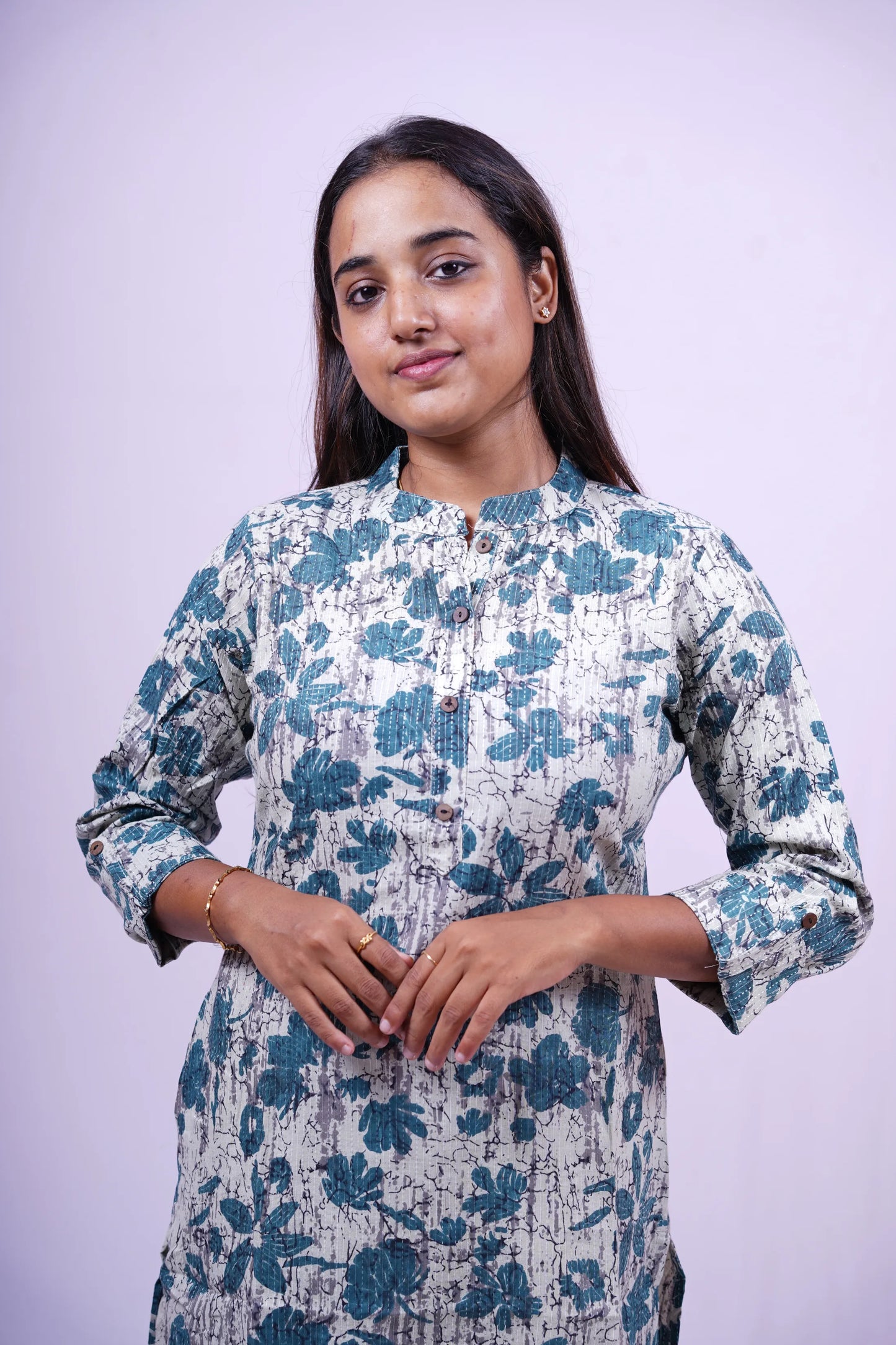Grey-Blue Floral Print Kurthi | Q1-004