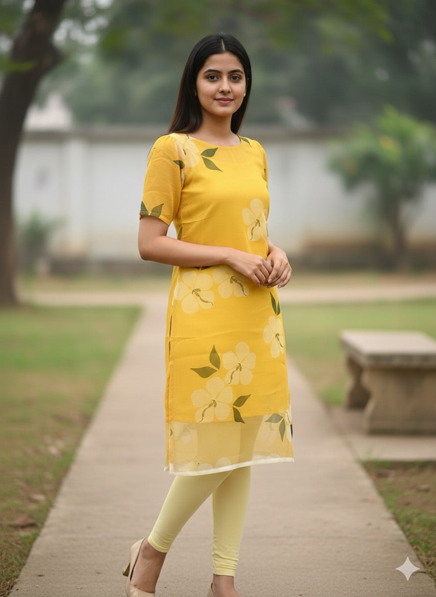 Custom-Made Floral Yellow Organza Kurtis | USK-M2O-007K