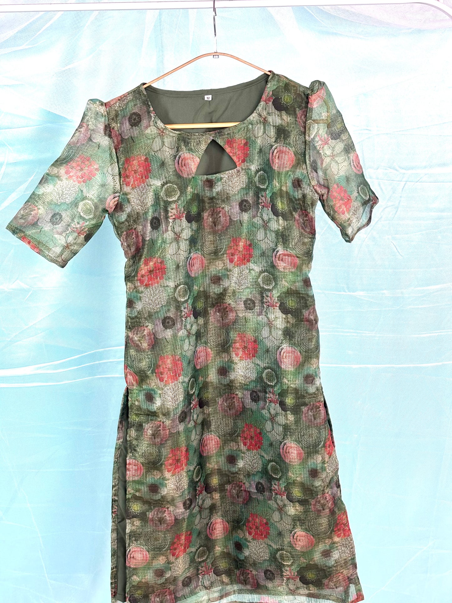Custom-Made Floral Green and Red Organza Kurti | USK-M2O-011