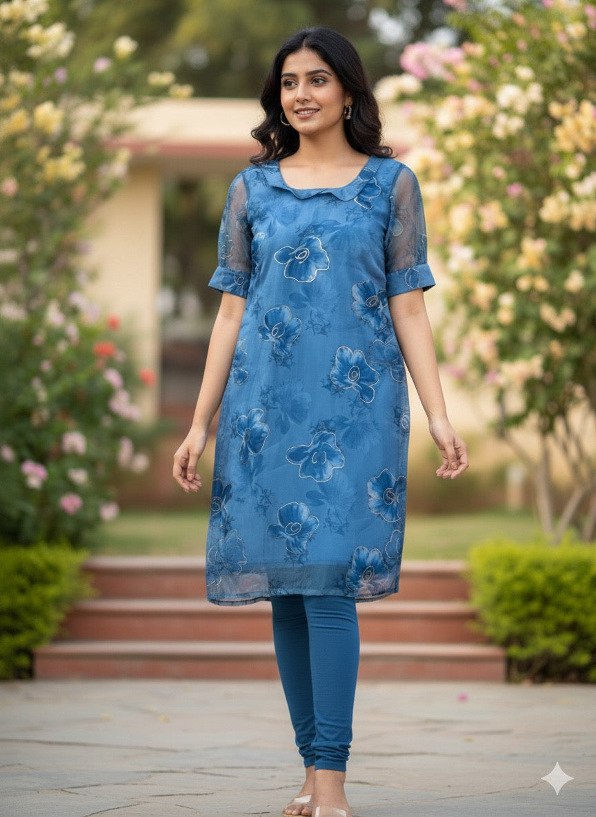 Custom-Made Deep Blue and Gold Organza Kurtis | USK-M2O-006K