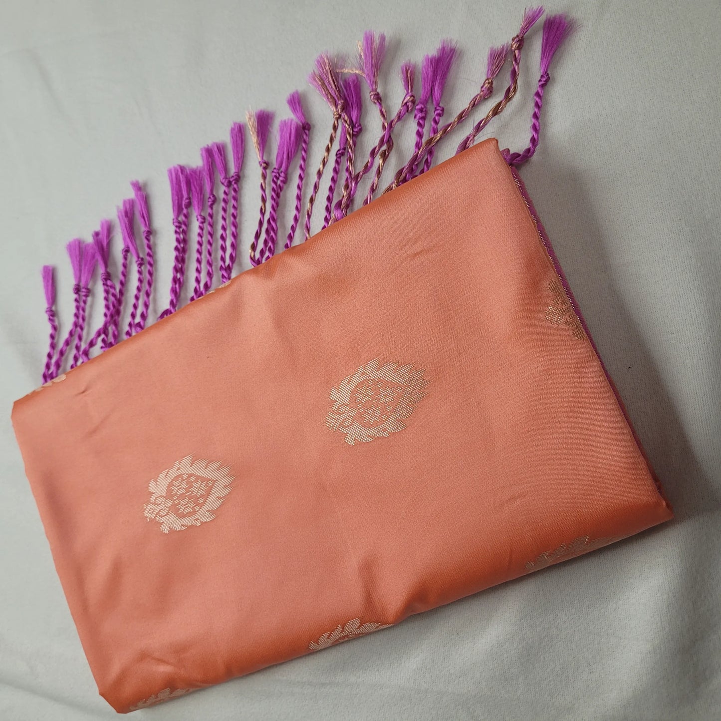 Stunning Peach Soft Silk Saree with Purple Pallu |J4-012