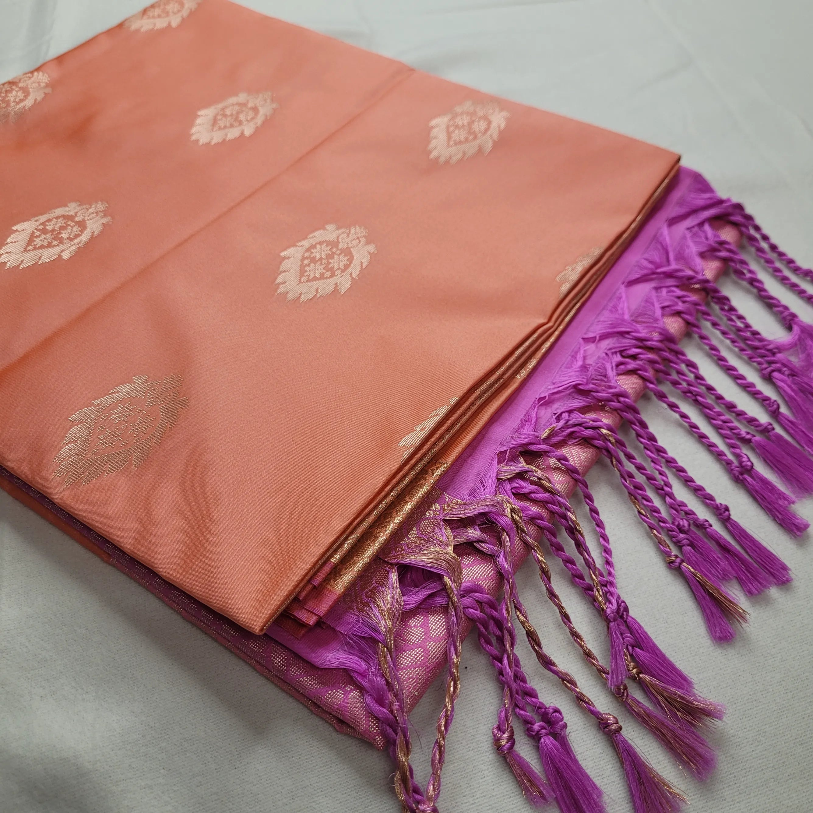 Stunning Peach Soft Silk Saree with Purple Pallu |J4-012