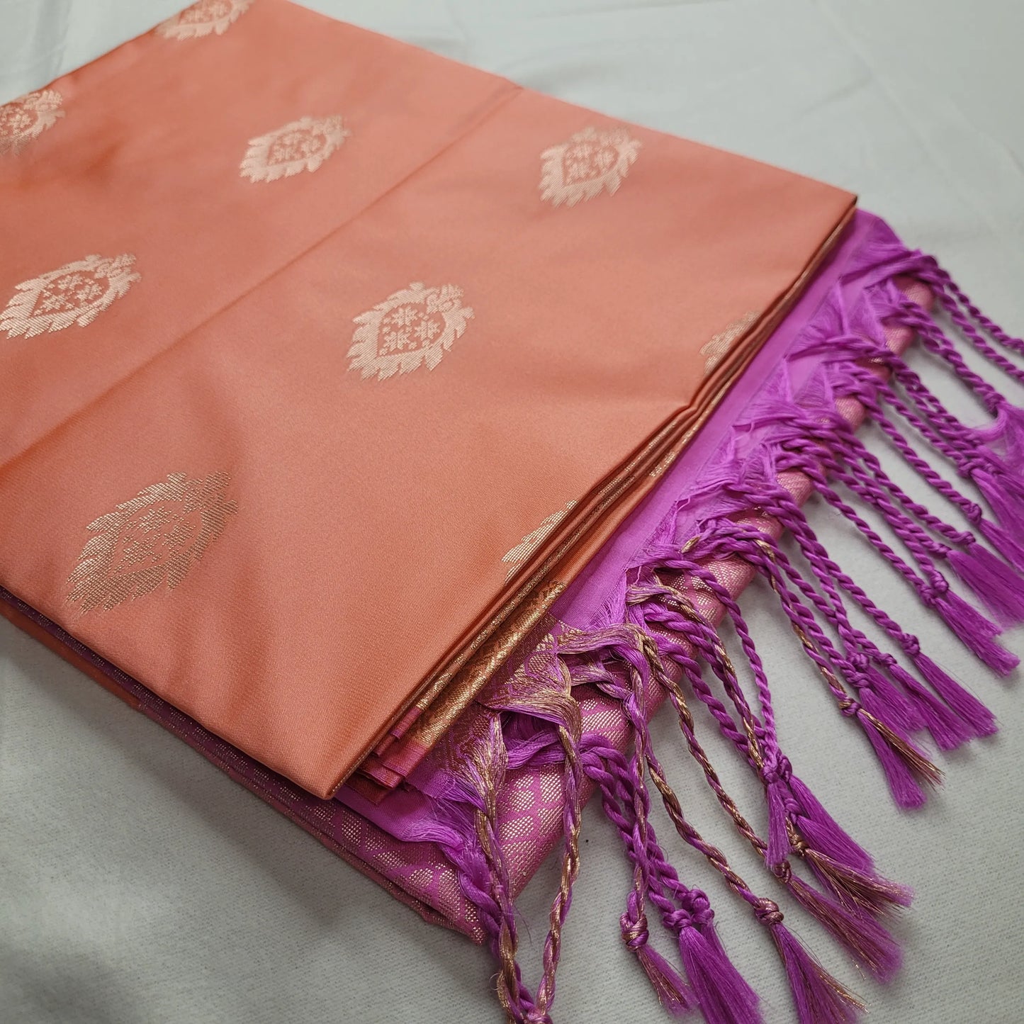 Stunning Peach Soft Silk Saree with Purple Pallu |J4-012