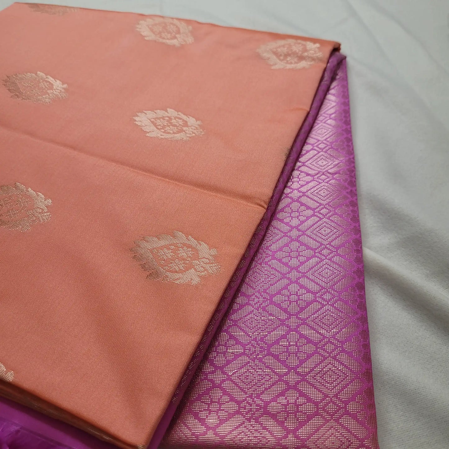 Stunning Peach Soft Silk Saree with Purple Pallu |J4-012
