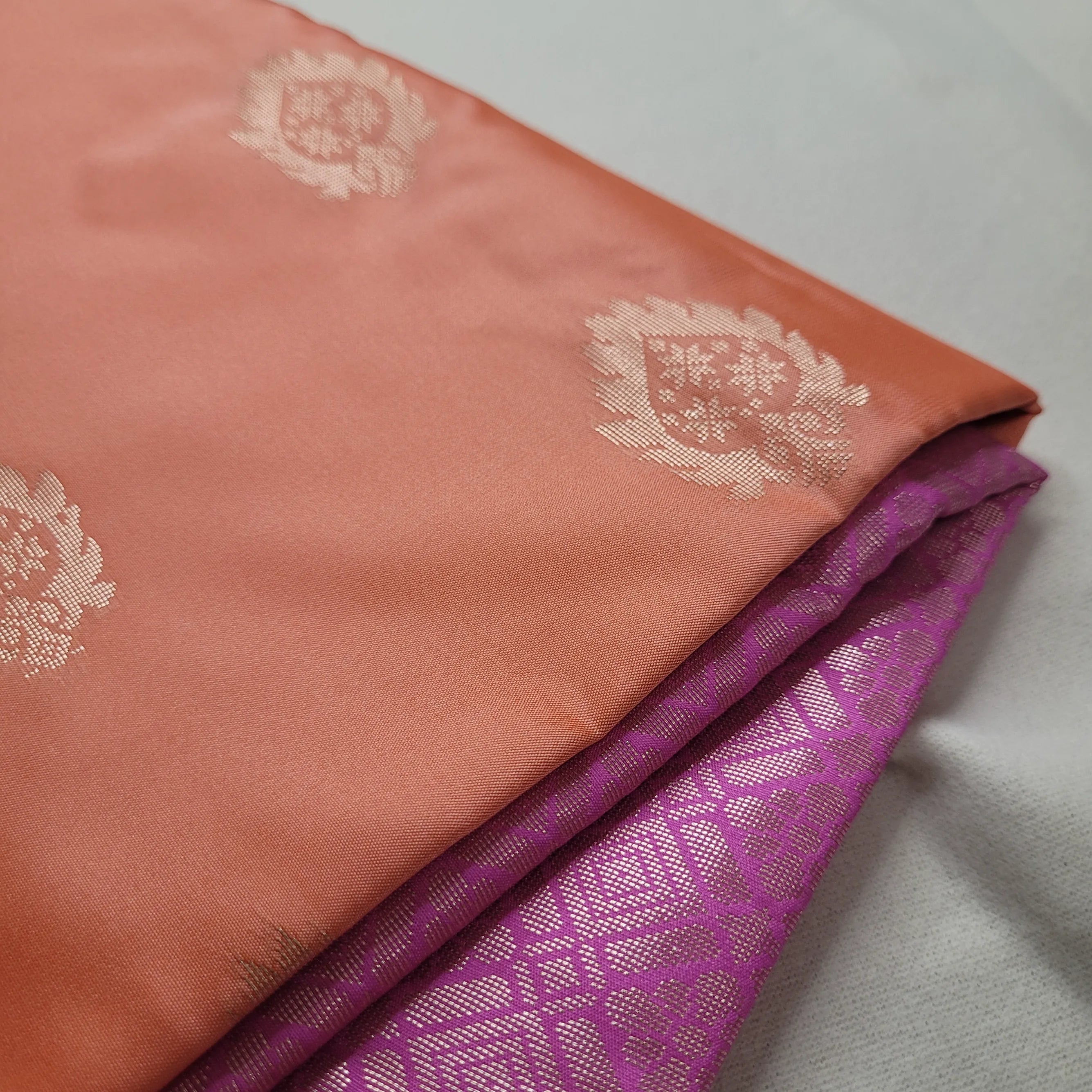 Stunning Peach Soft Silk Saree with Purple Pallu |J4-012