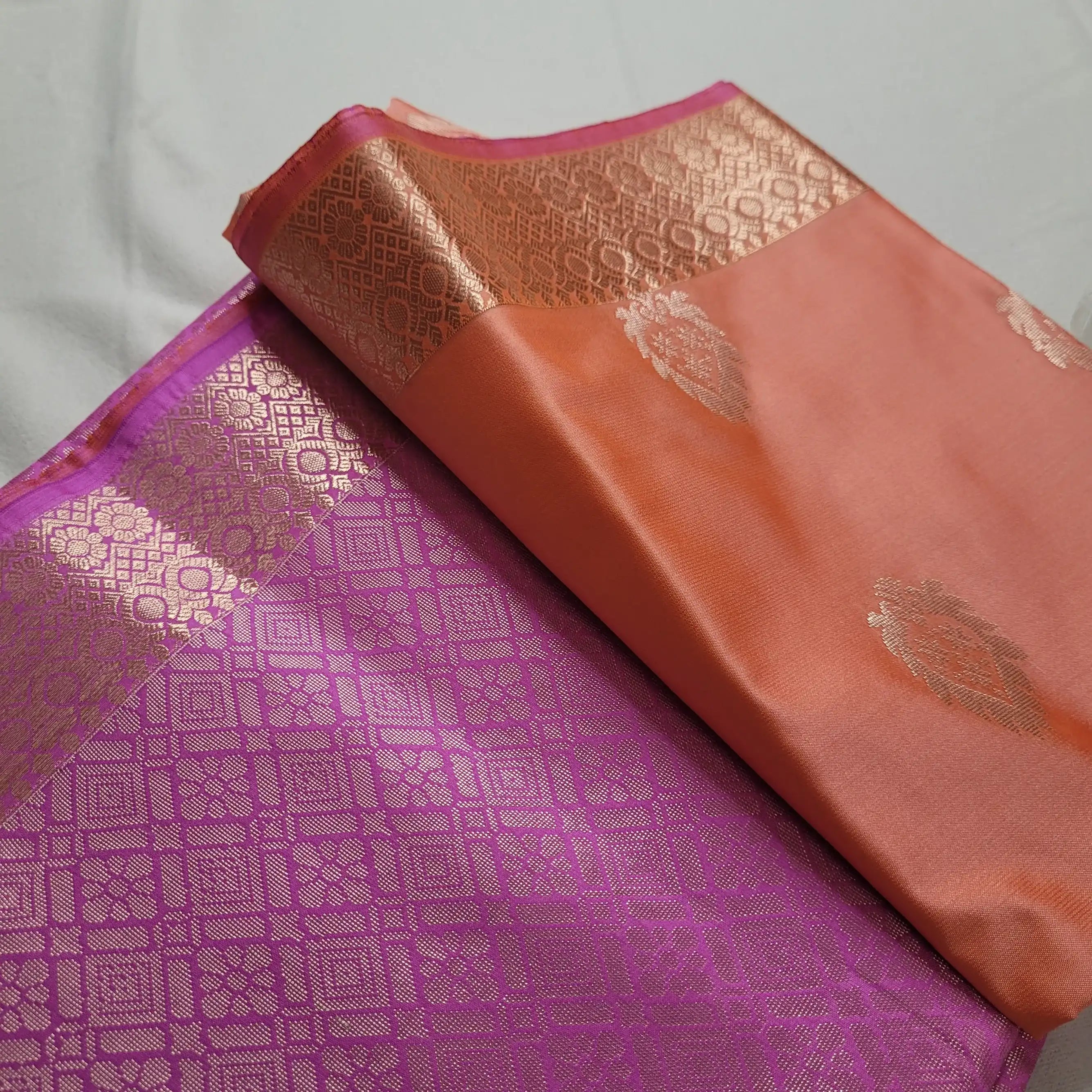 Stunning Peach Soft Silk Saree with Purple Pallu |J4-012
