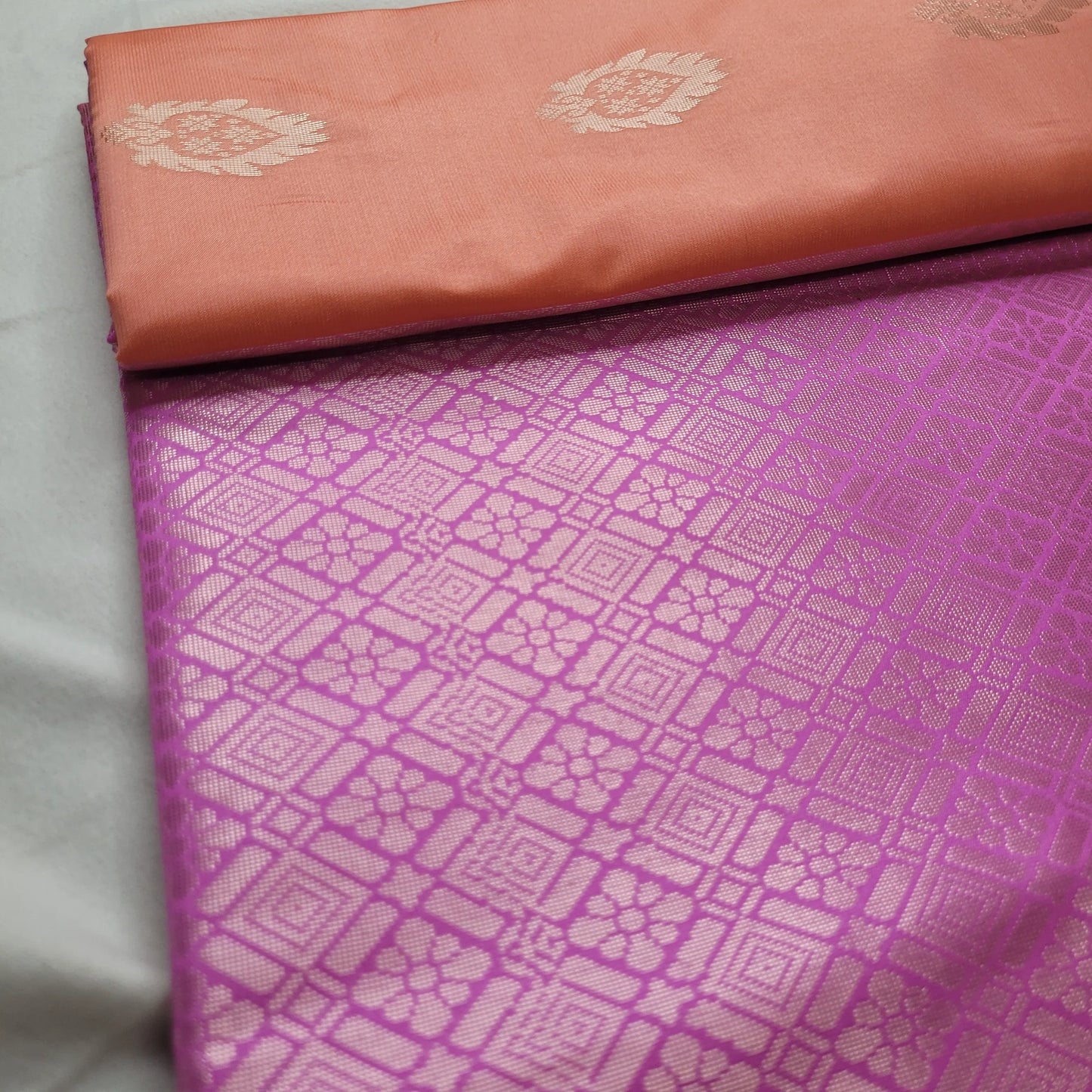 Stunning Peach Soft Silk Saree with Purple Pallu |J4-012