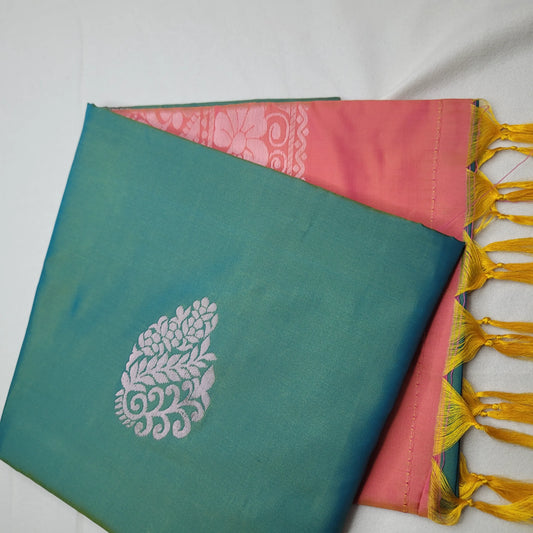 Stunning Teal Soft Silk Saree with Peach Pallu | H4-001