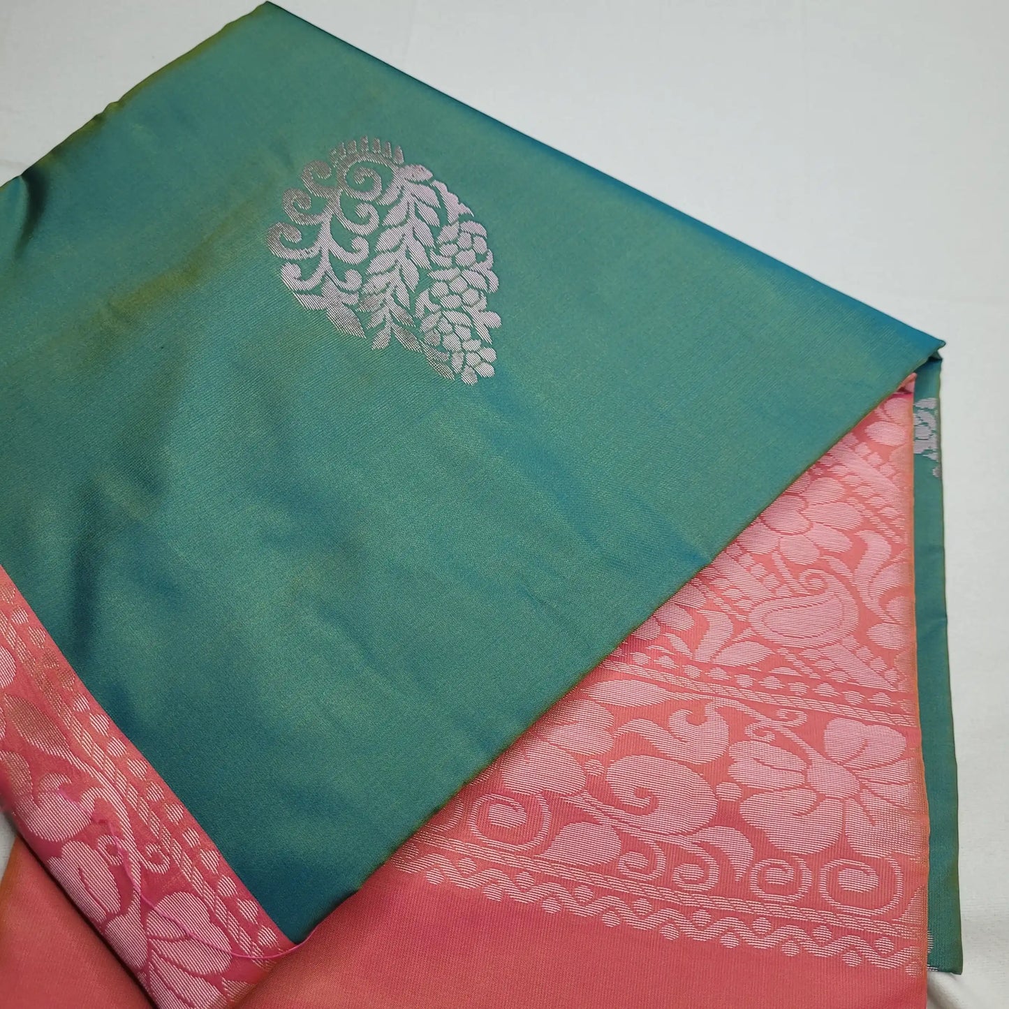 Stunning Teal Soft Silk Saree with Peach Pallu | H4-001