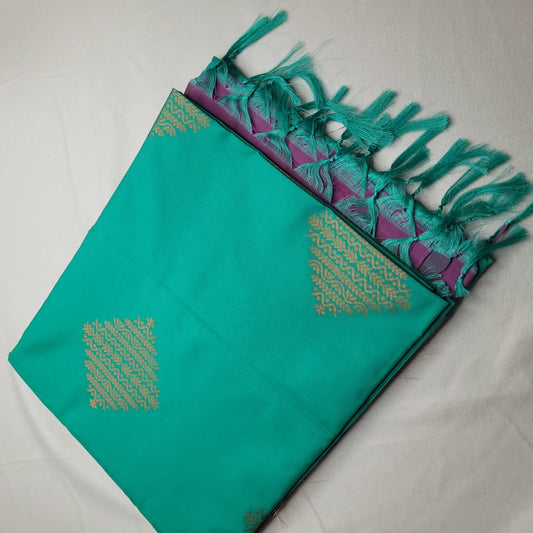 Stunning Teal Soft Silk Saree with Purple Pallu | H4-007