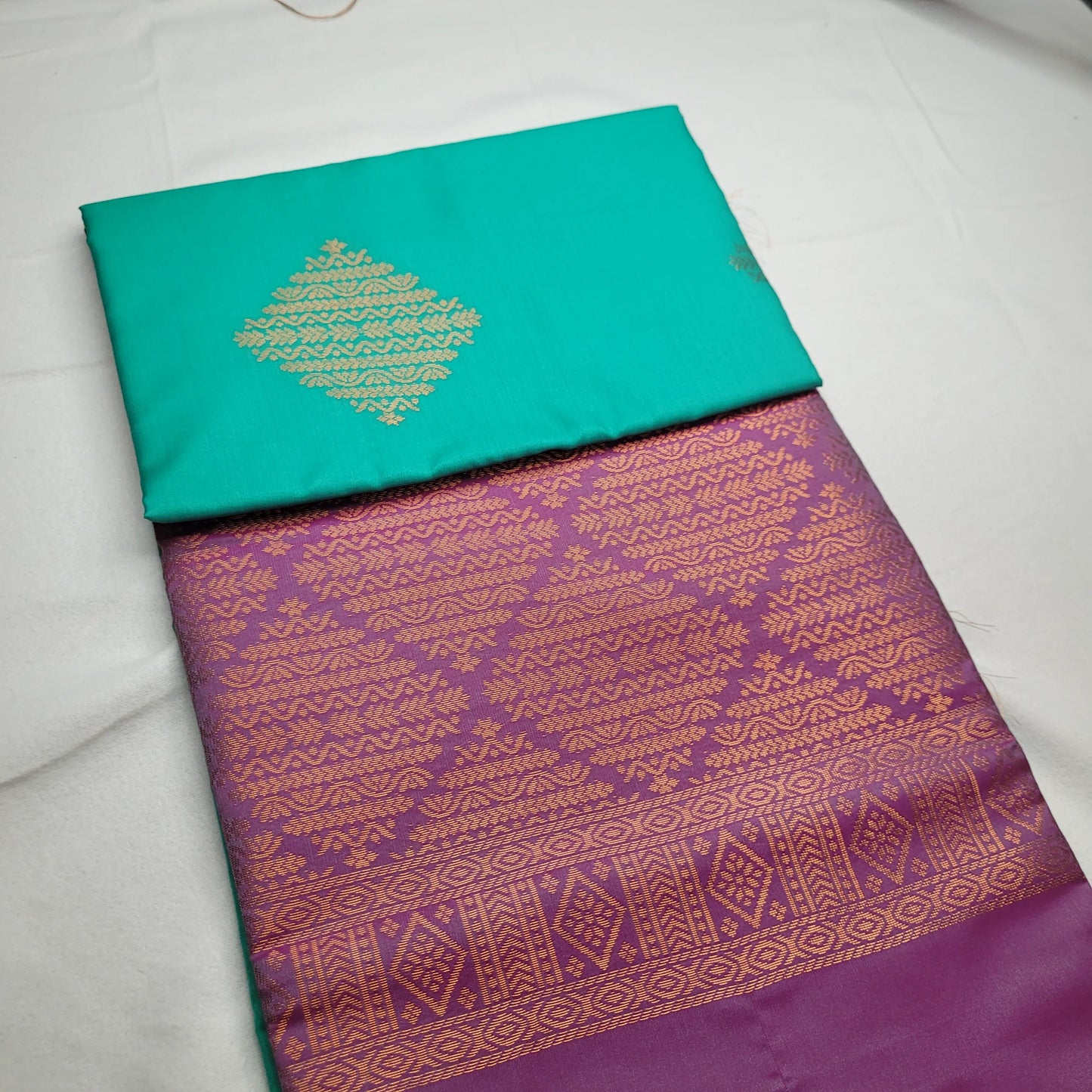 Stunning Teal Soft Silk Saree with Purple Pallu | H4-007