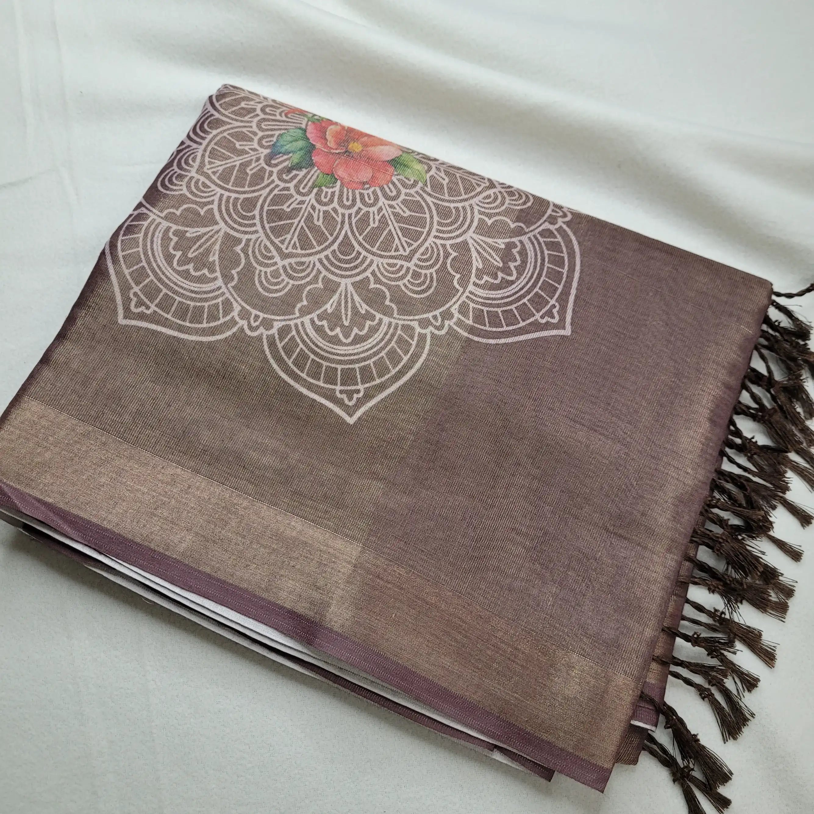 Sophisticated Coffee Linen Saree with Mandala Motif | I0-001