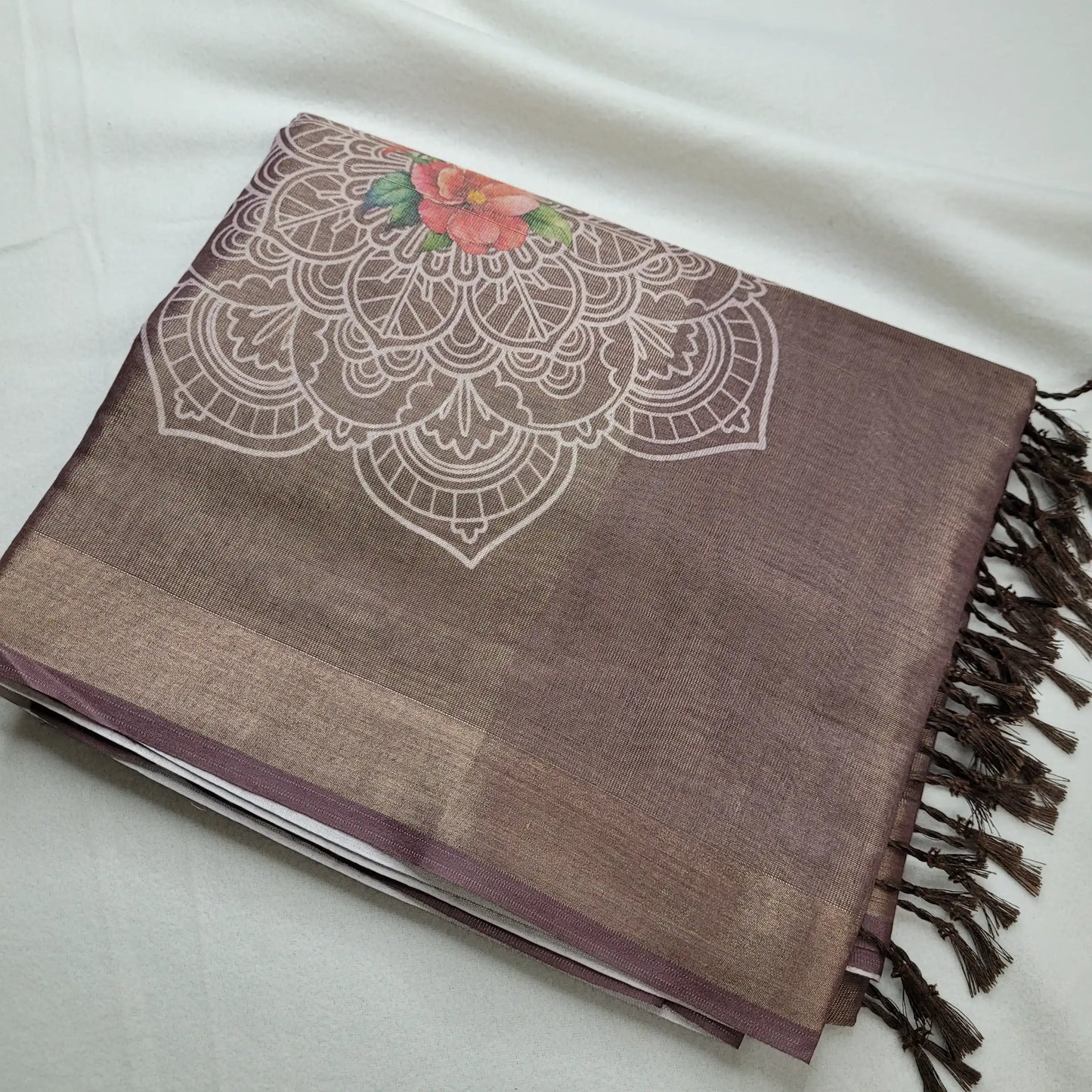 Sophisticated Coffee Linen Saree with Mandala Motif | I0-001