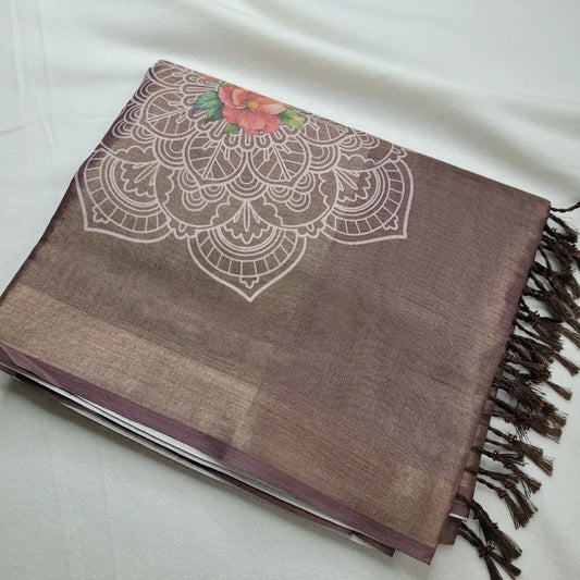 Sophisticated Coffee Linen Saree with Mandala Motif | I0-001