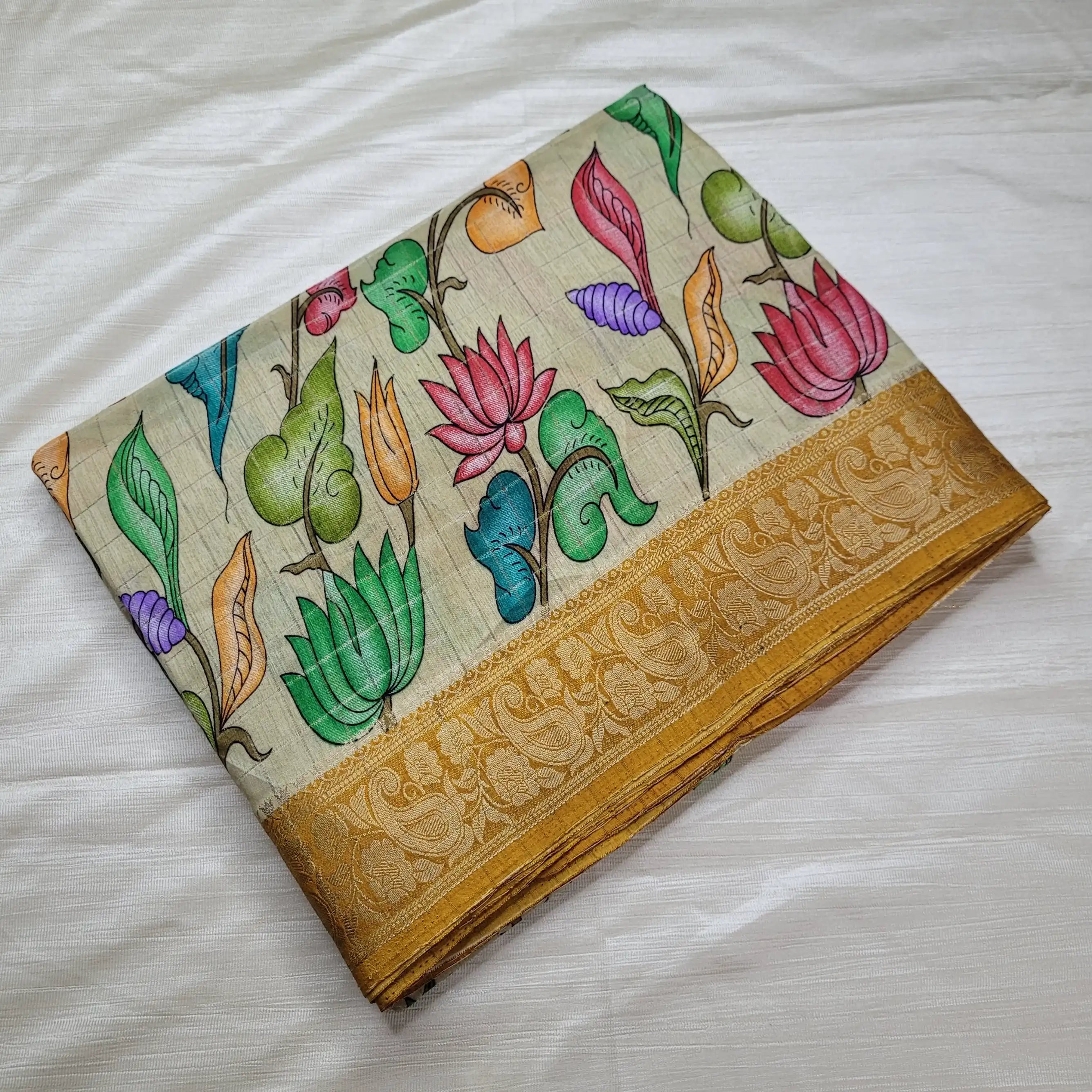 Elegant Beige Kalamkari Saree with Gold Border |N3-002