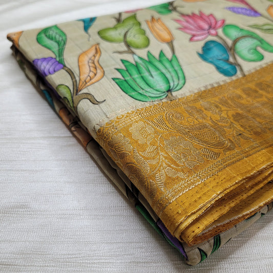 Elegant Beige Kalamkari Saree with Gold Border |N3-002