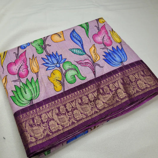 Elegant Lavender Kalamkari Saree with Purple Border | N3-005