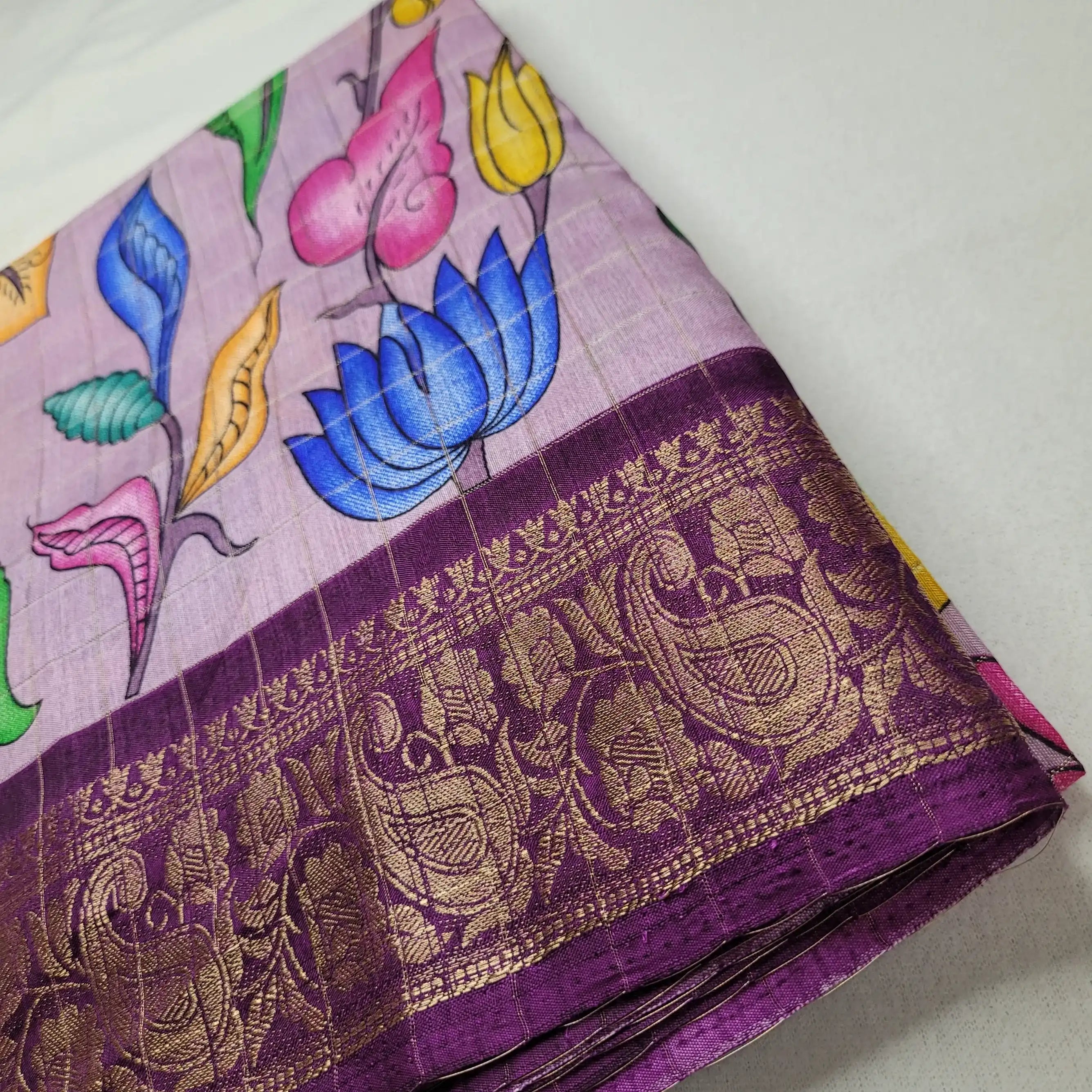 Elegant Lavender Kalamkari Saree with Purple Border | N3-005