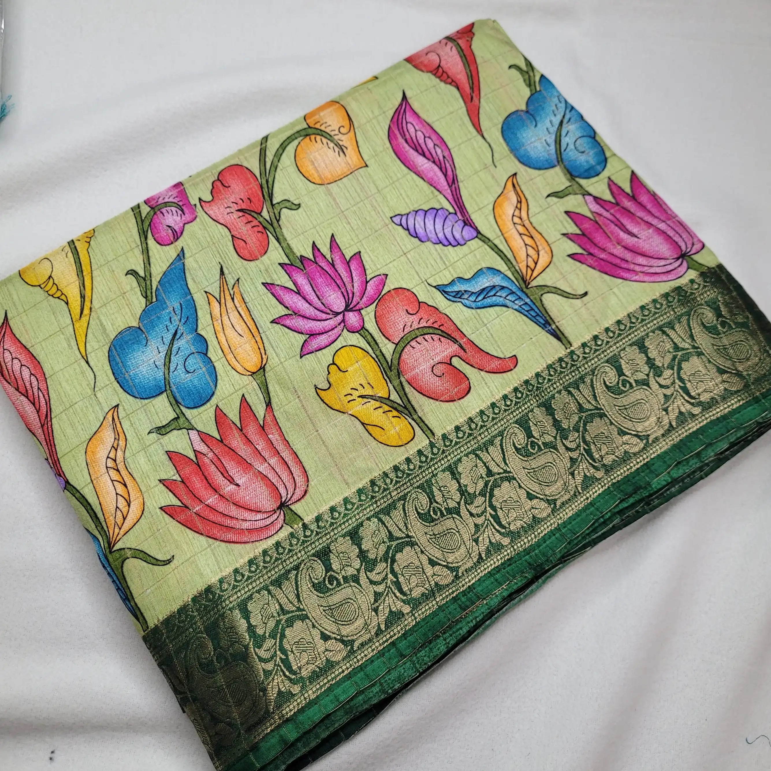 Vibrant Pistachio Green Kalamkari Saree | N3-004