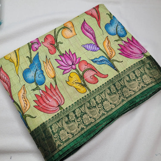 Vibrant Pistachio Green Kalamkari Saree | N3-004