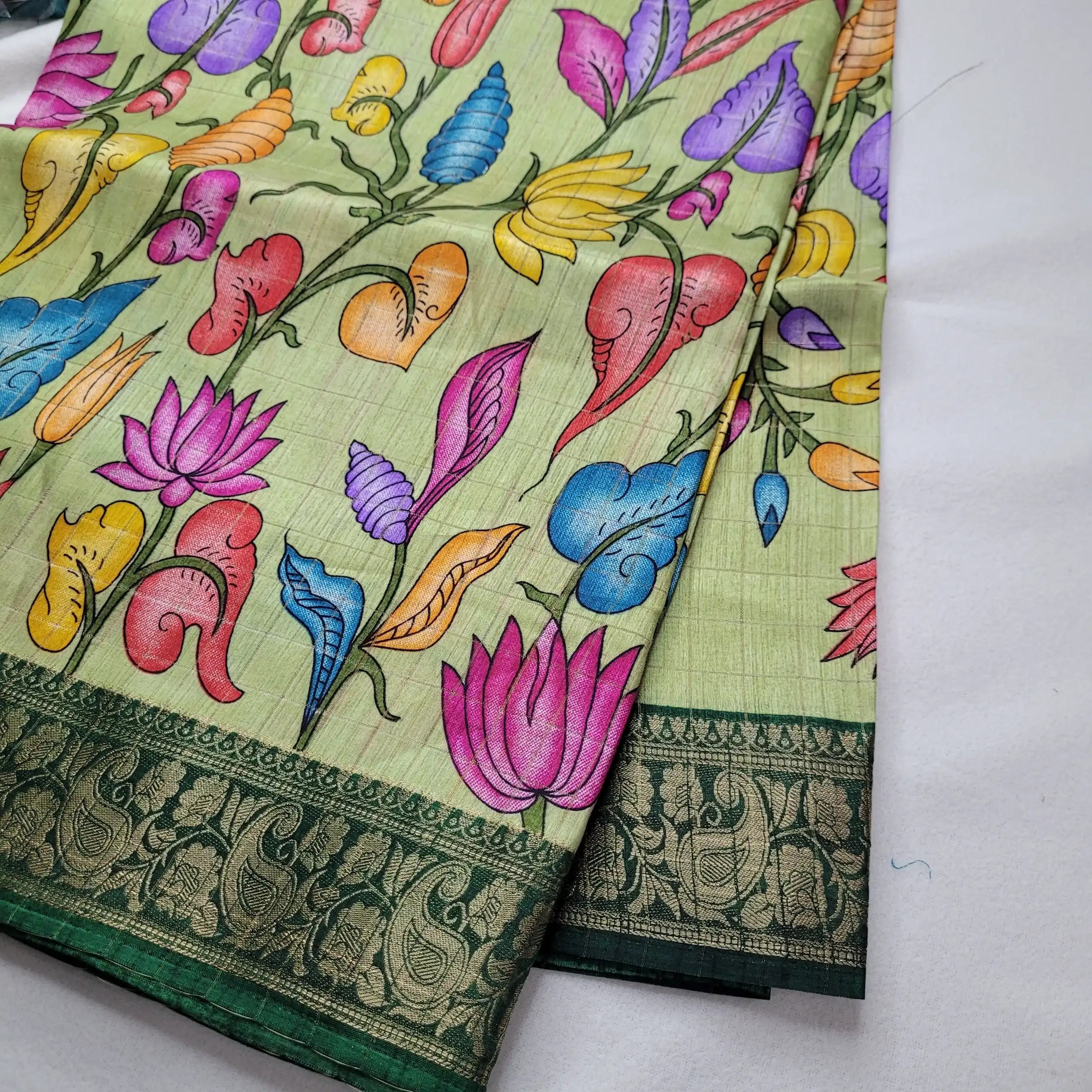 Vibrant Pistachio Green Kalamkari Saree | N3-004