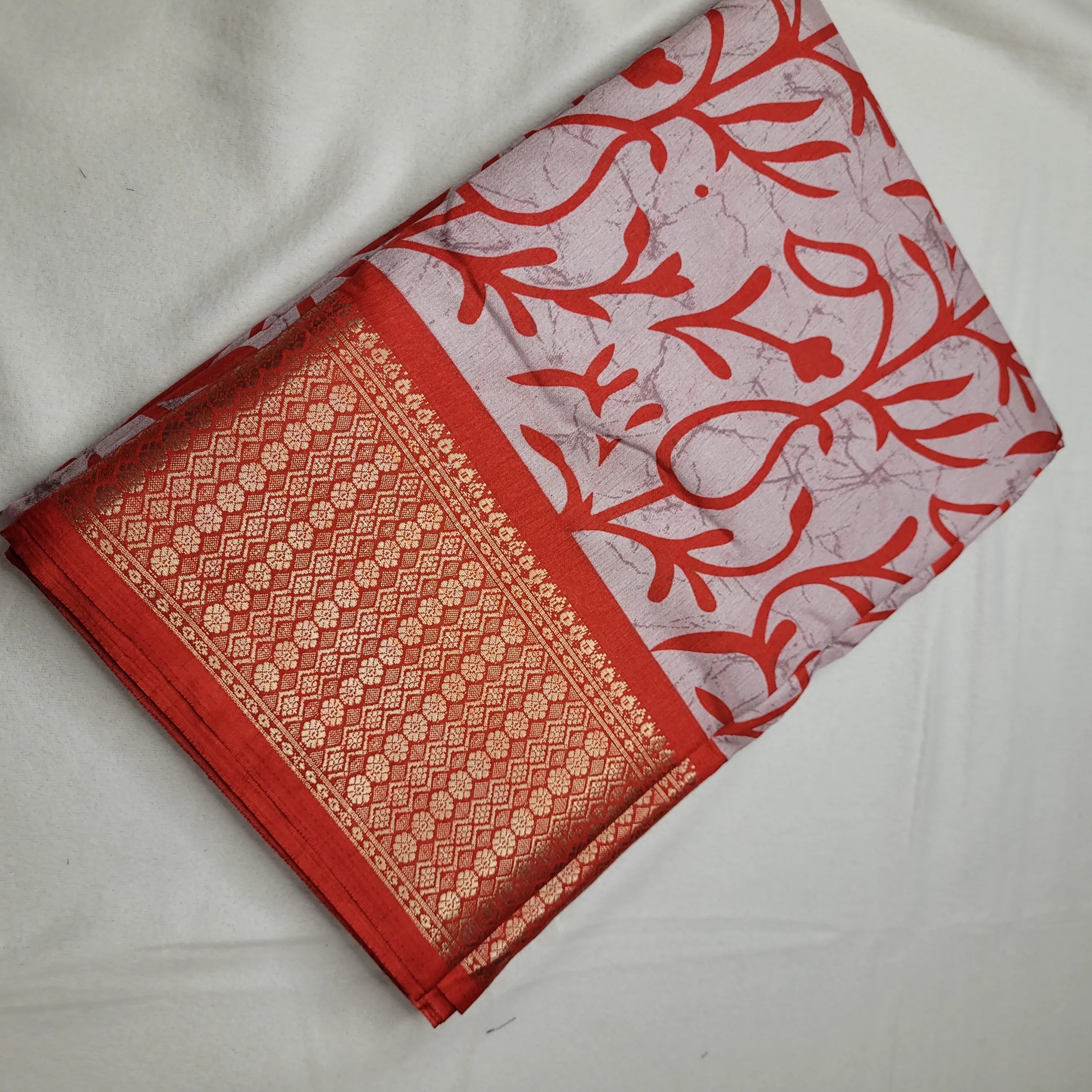 Vibrant Red Saree with Bold Prints and Woven Border| Semi-Dola Silk | P4-004