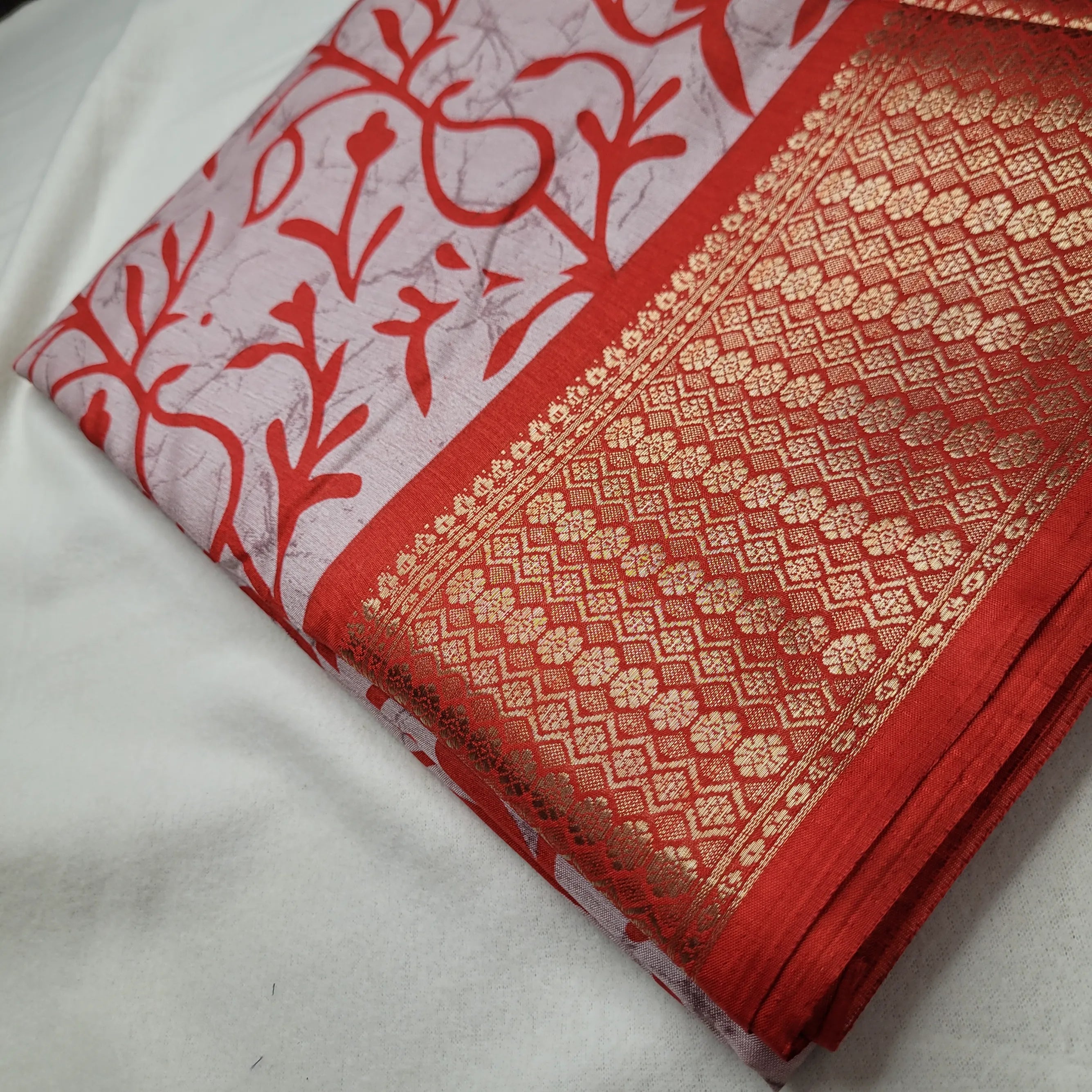 Vibrant Red Saree with Bold Prints and Woven Border| Semi-Dola Silk | P4-004