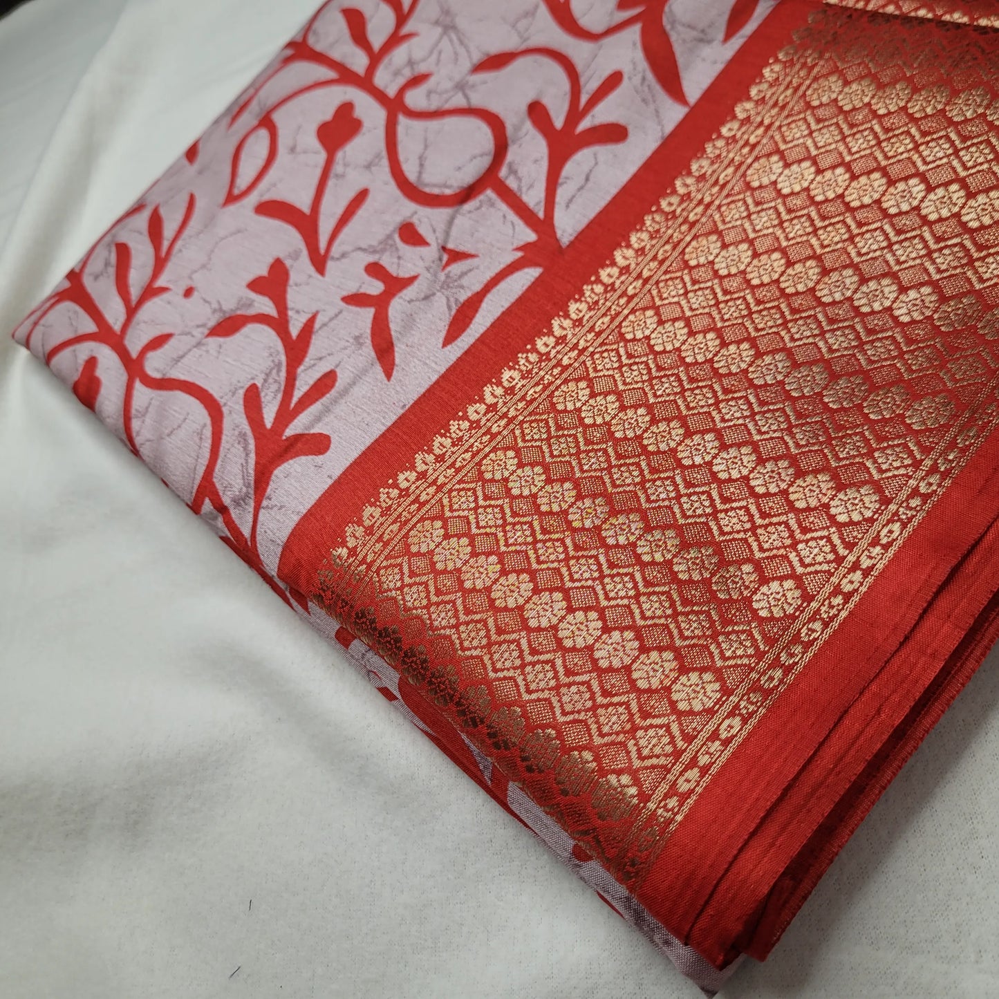 Vibrant Red Saree with Bold Prints and Woven Border| Semi-Dola Silk | P4-004