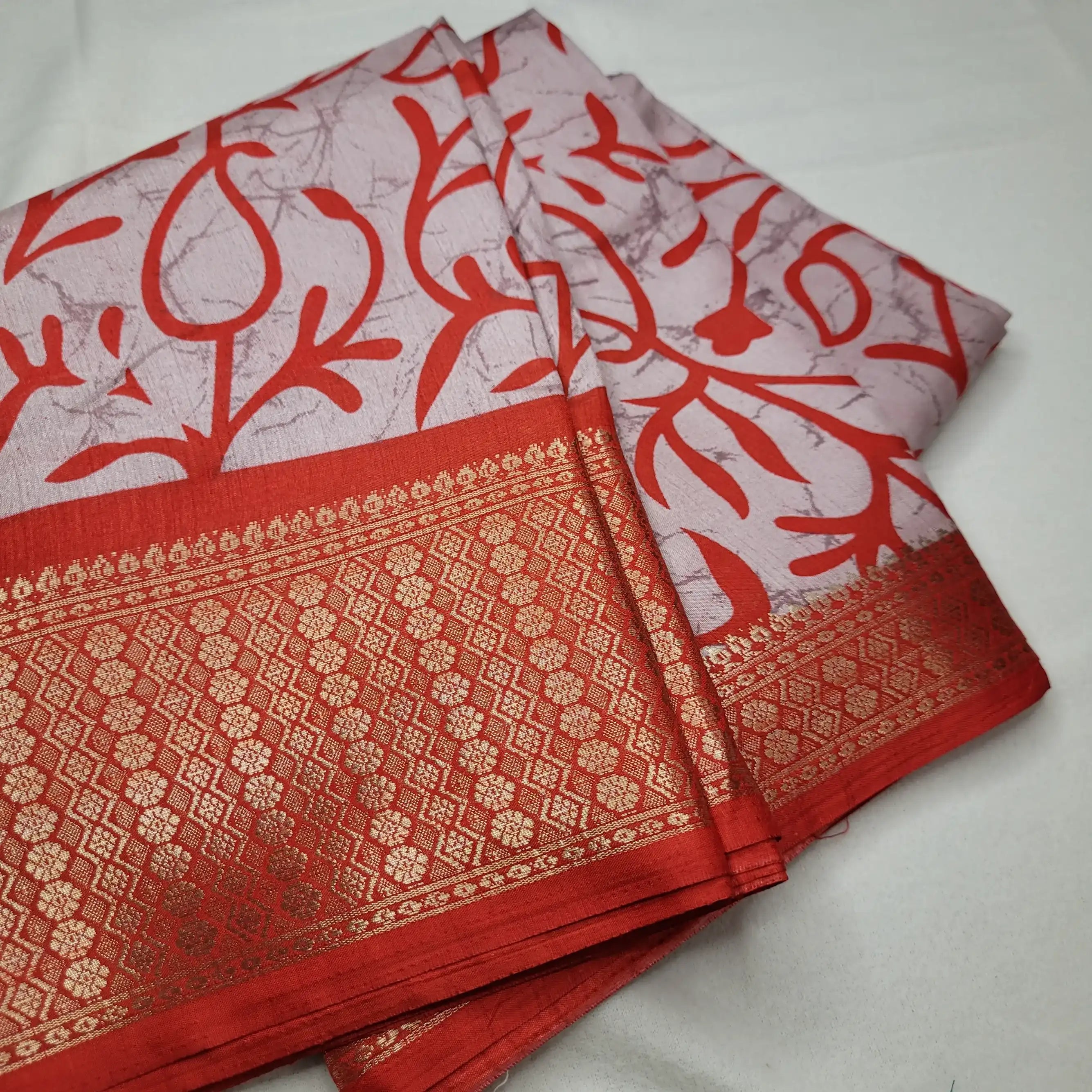 Vibrant Red Saree with Bold Prints and Woven Border| Semi-Dola Silk | P4-004
