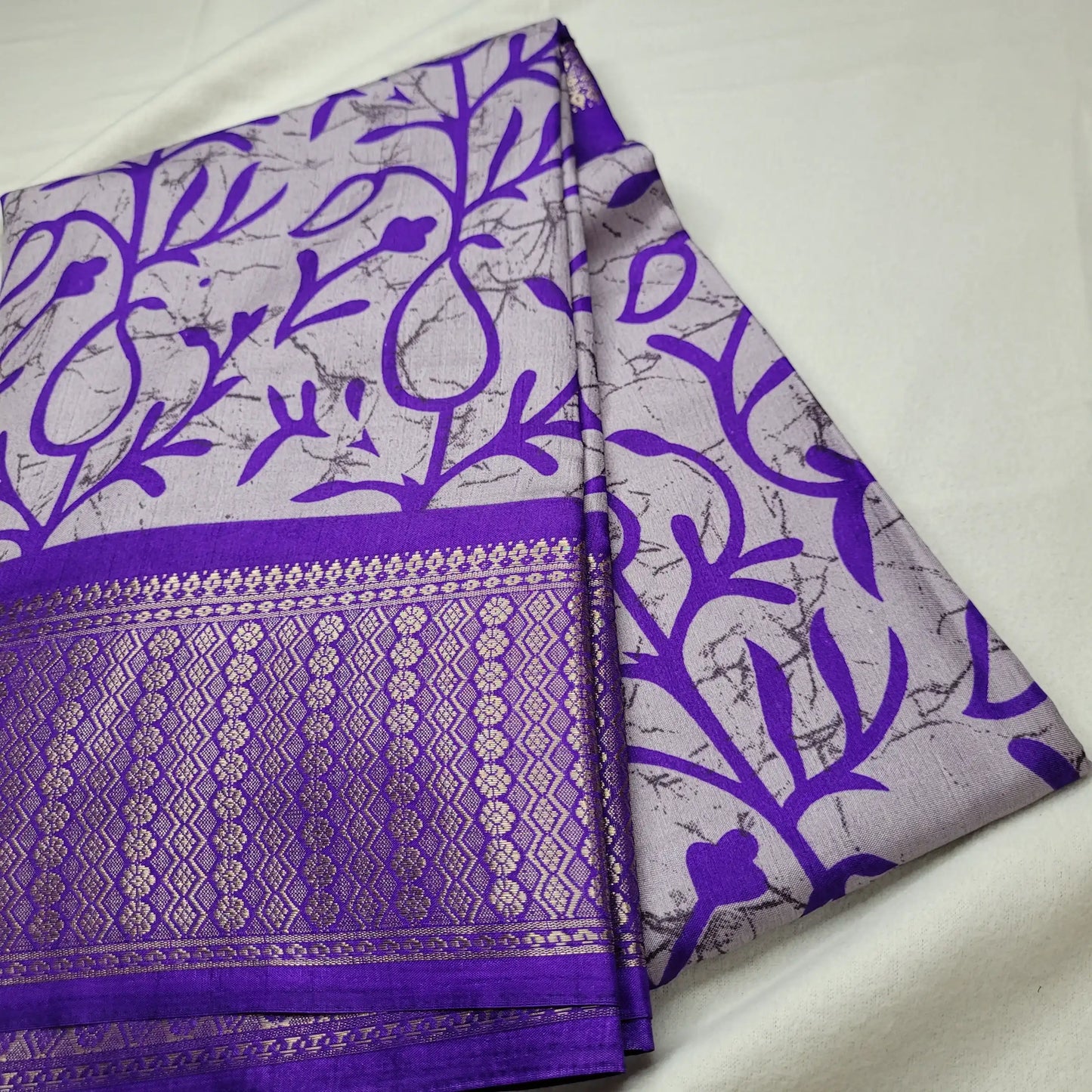 Vibrant Purple  Saree with Bold Prints and Woven Border| Semi-Dola Silk | P4-002