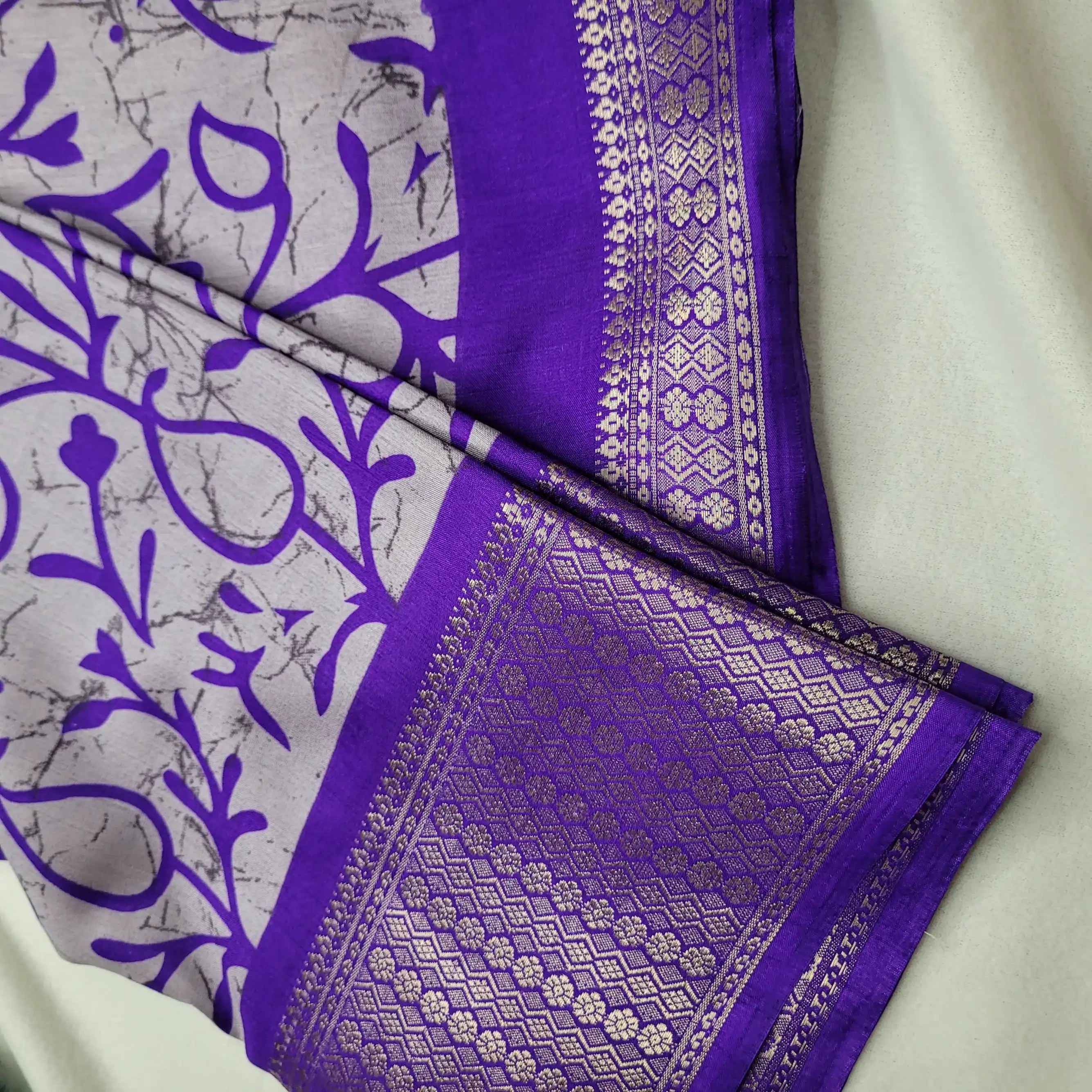 Vibrant Purple  Saree with Bold Prints and Woven Border| Semi-Dola Silk | P4-002