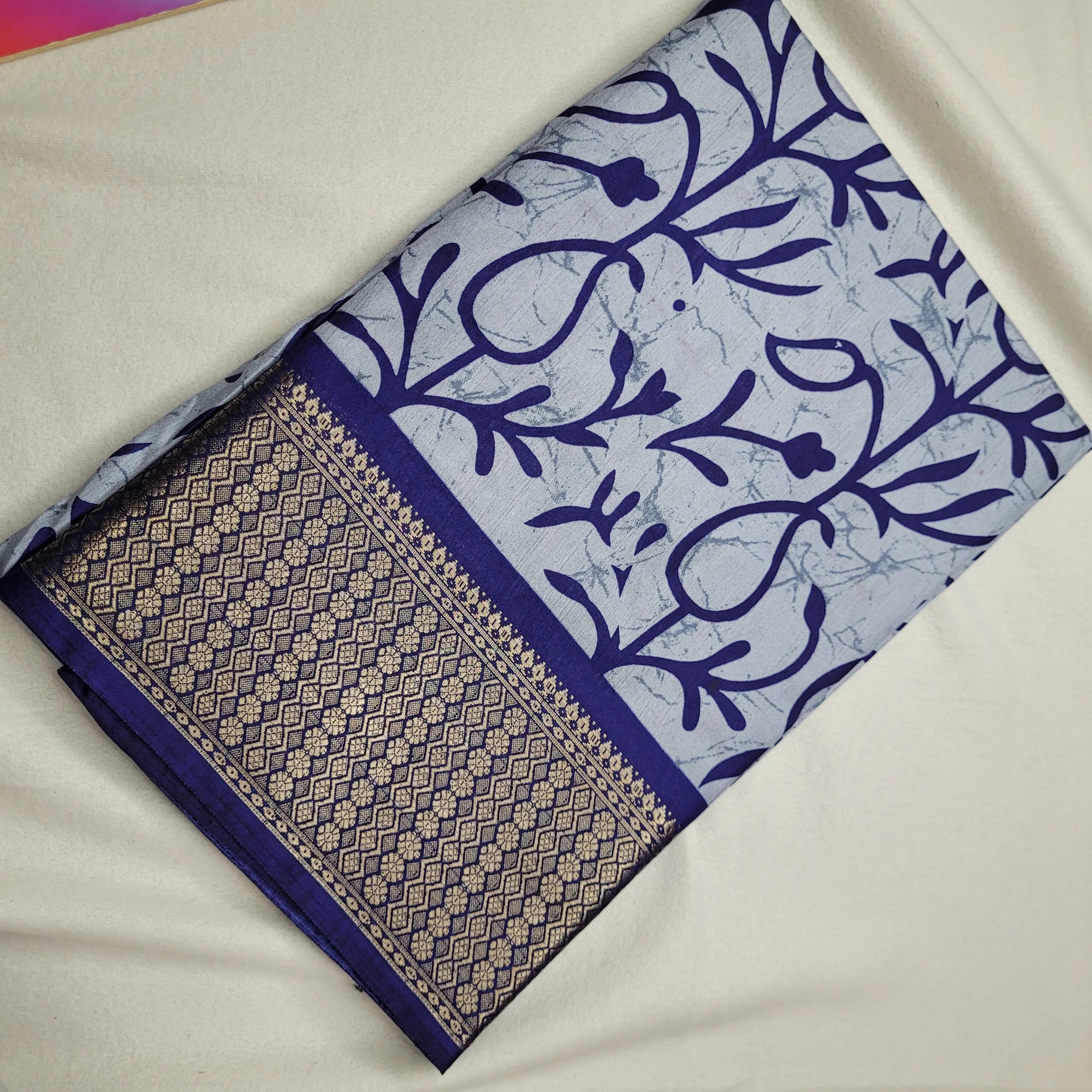 Serene Blue Saree with Bold Prints and Woven Border| Semi-Dola Silk | P4-003