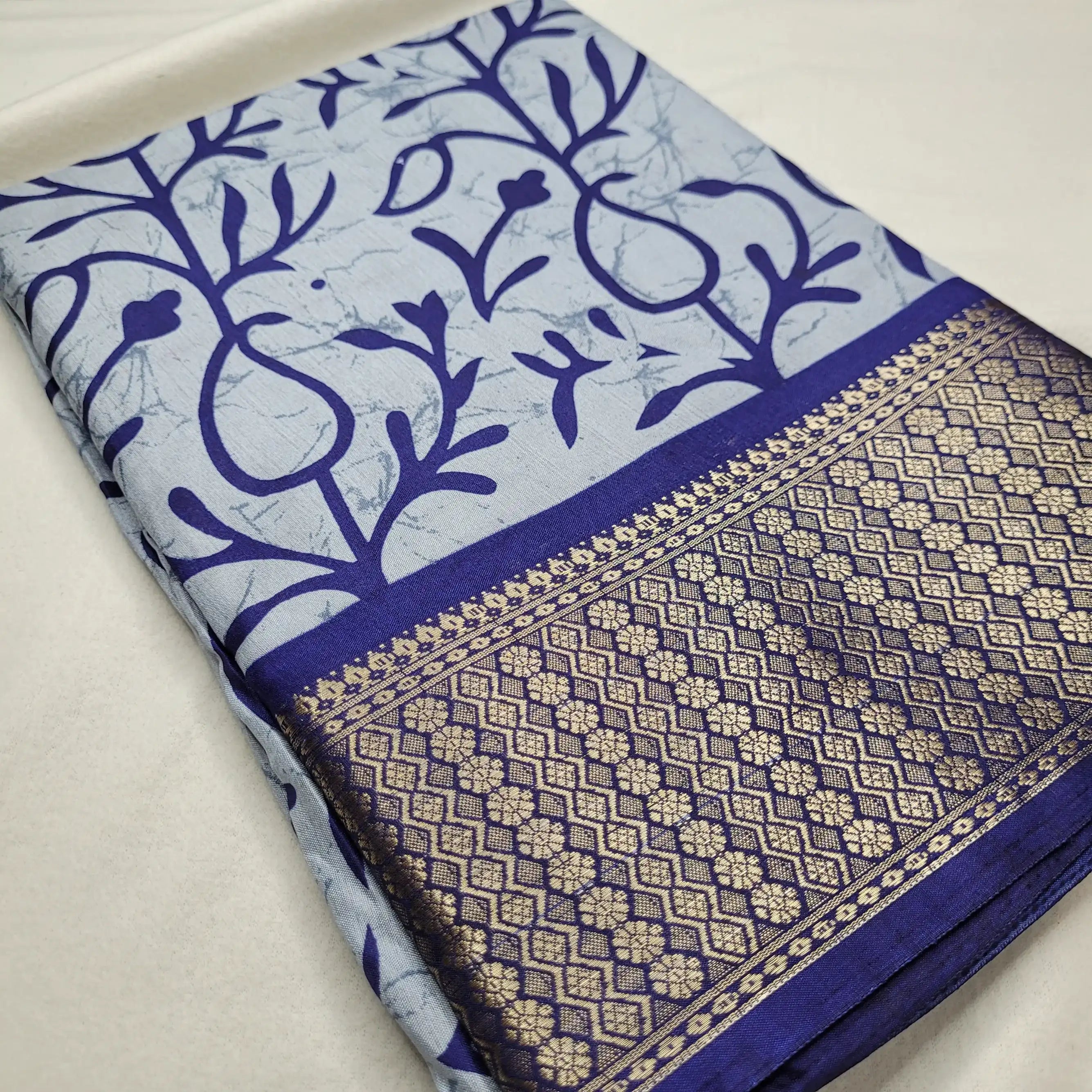 Serene Blue Saree with Bold Prints and Woven Border| Semi-Dola Silk | P4-003