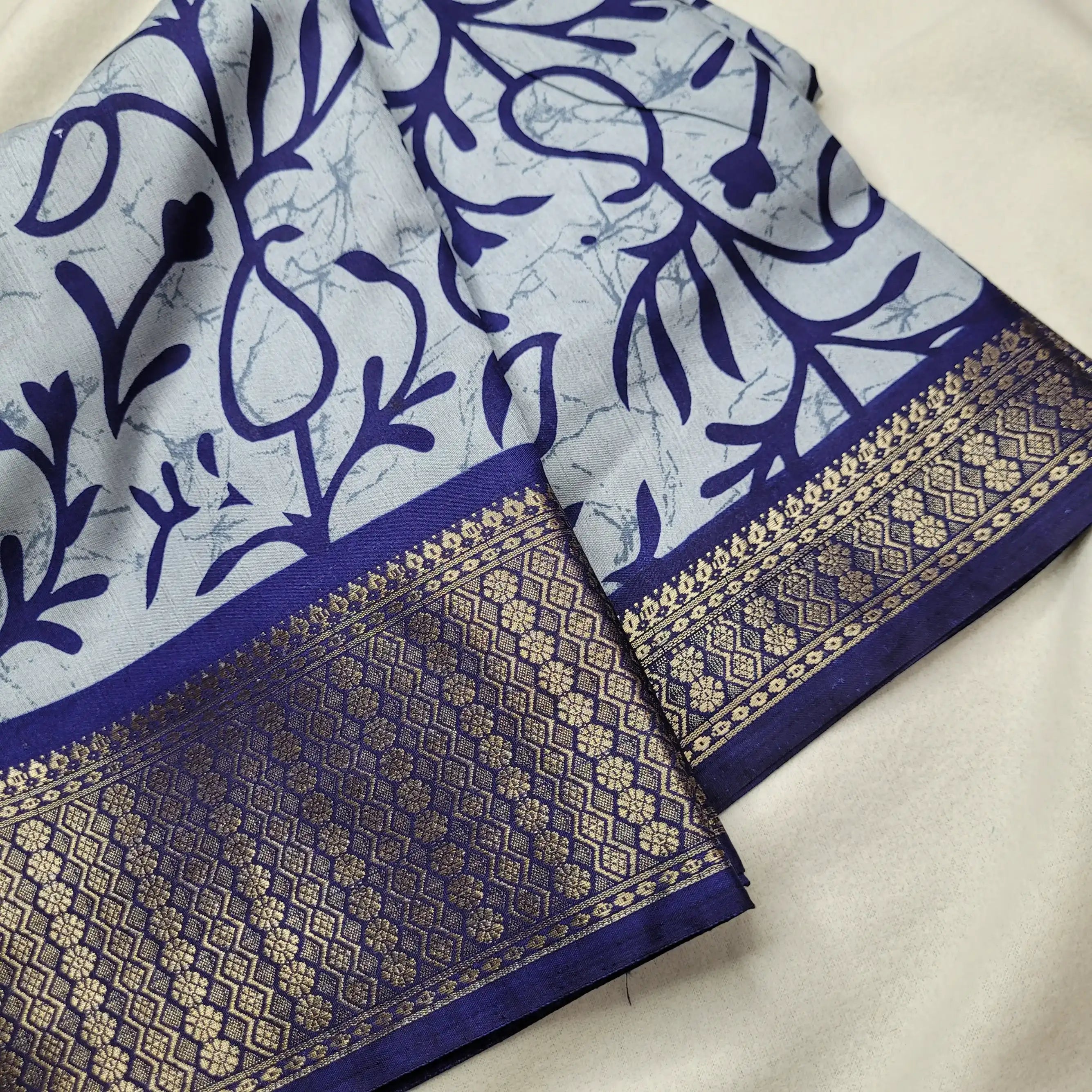 Serene Blue Saree with Bold Prints and Woven Border| Semi-Dola Silk | P4-003