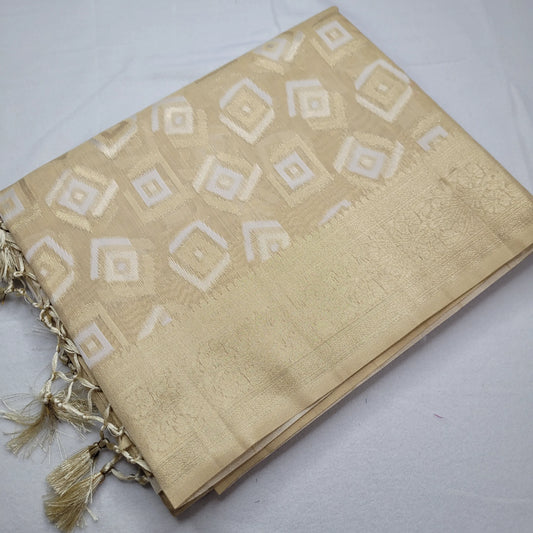 Elegant Beige Linen Saree with Geometric Weave |P2-003