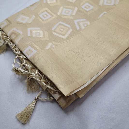Elegant Beige Linen Saree with Geometric Weave |P2-003
