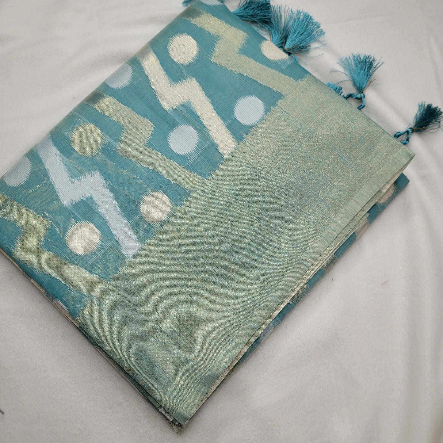 Blue Linen Saree with Geometric Prints | P2-002