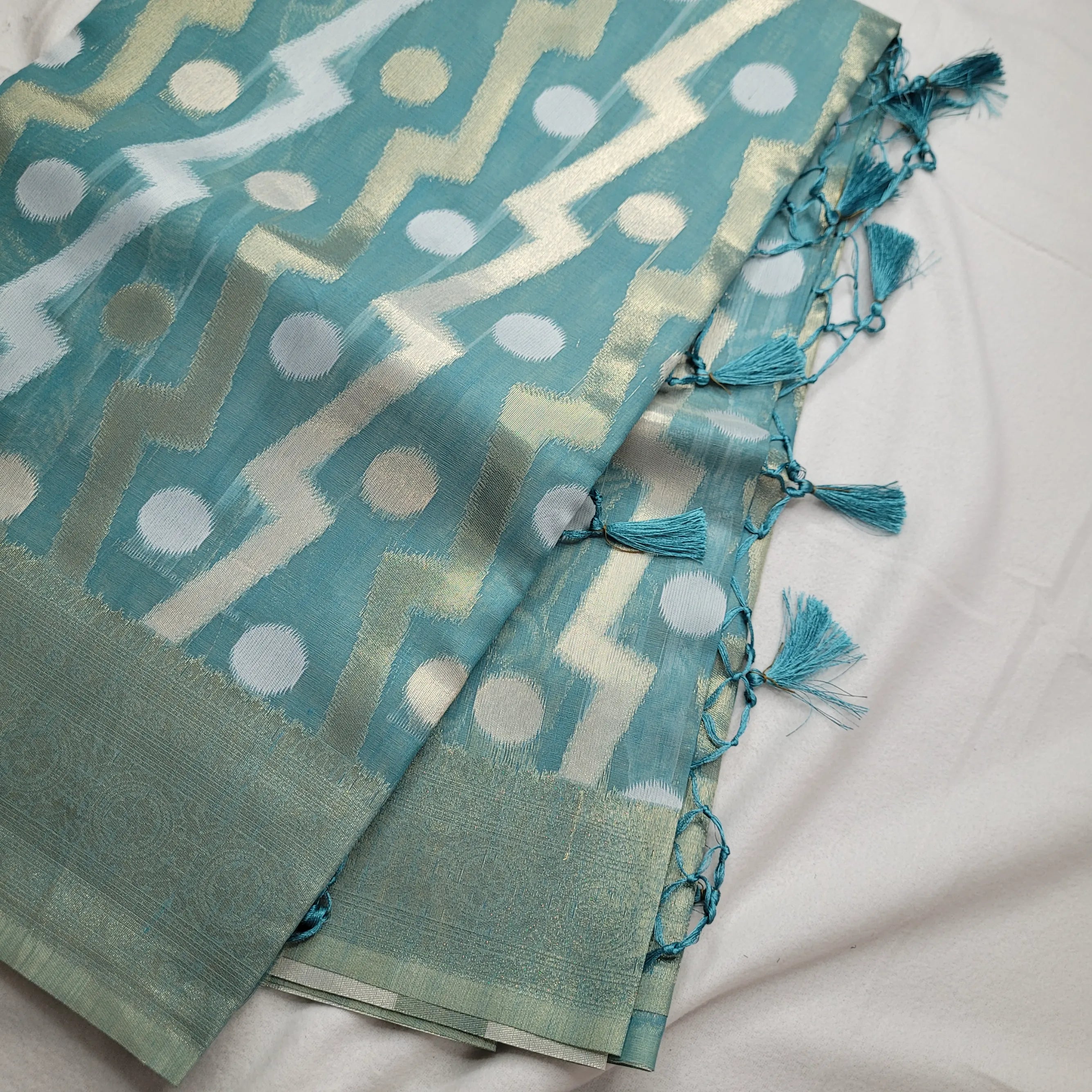 Blue Linen Saree with Geometric Prints | P2-002