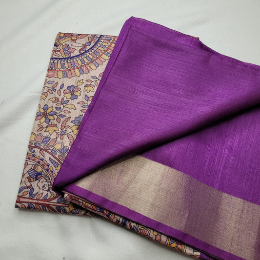 Vibrant Violet Tussar Saree with Kalamkari Art | P3-001
