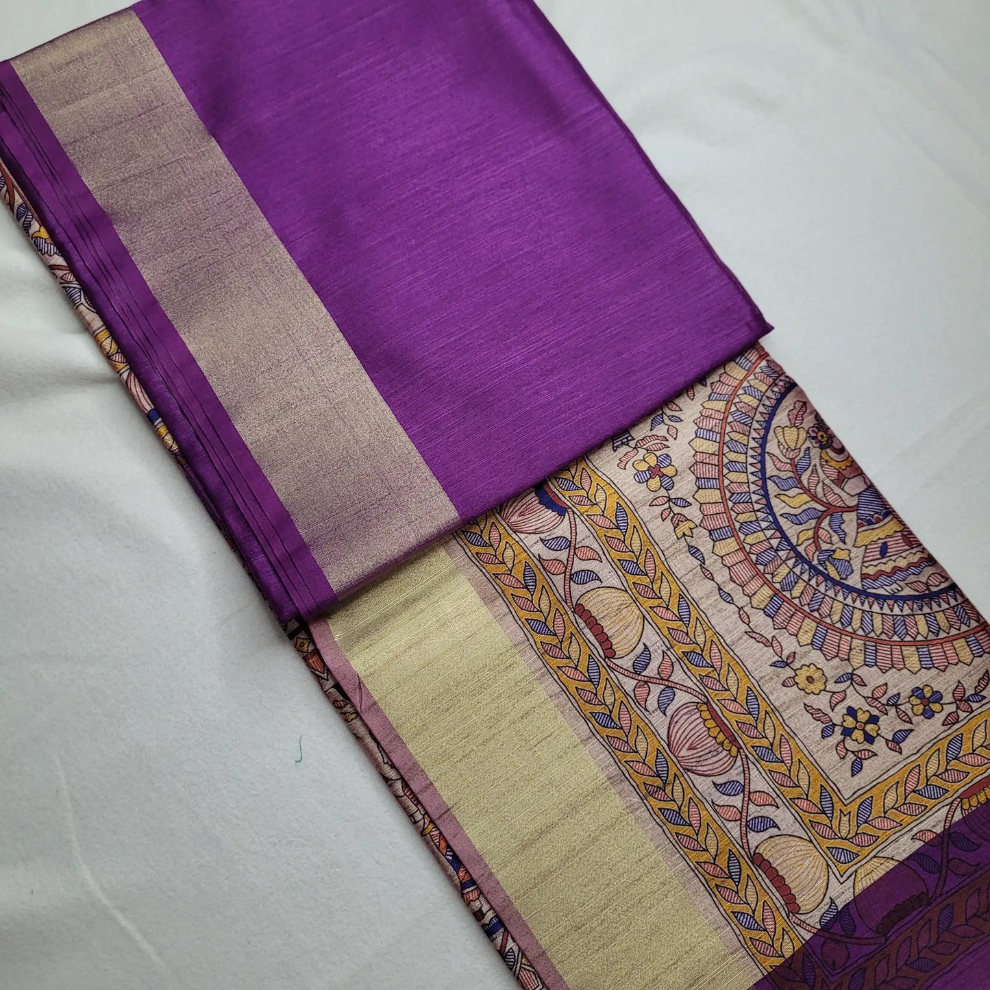 Vibrant Violet Tussar Saree with Kalamkari Art | P3-001