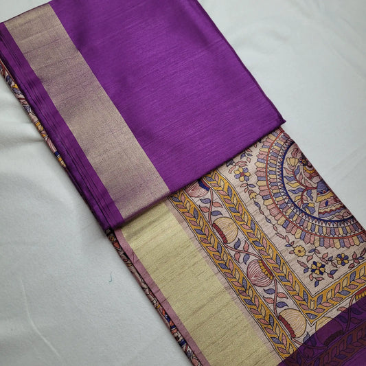 Vibrant Violet Tussar Saree with Kalamkari Art | P3-001