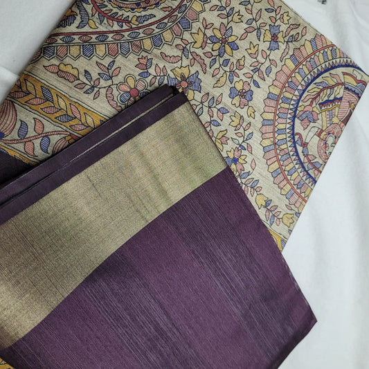 Regal Plum Tussar Saree with Kalamkari Art | P3-002