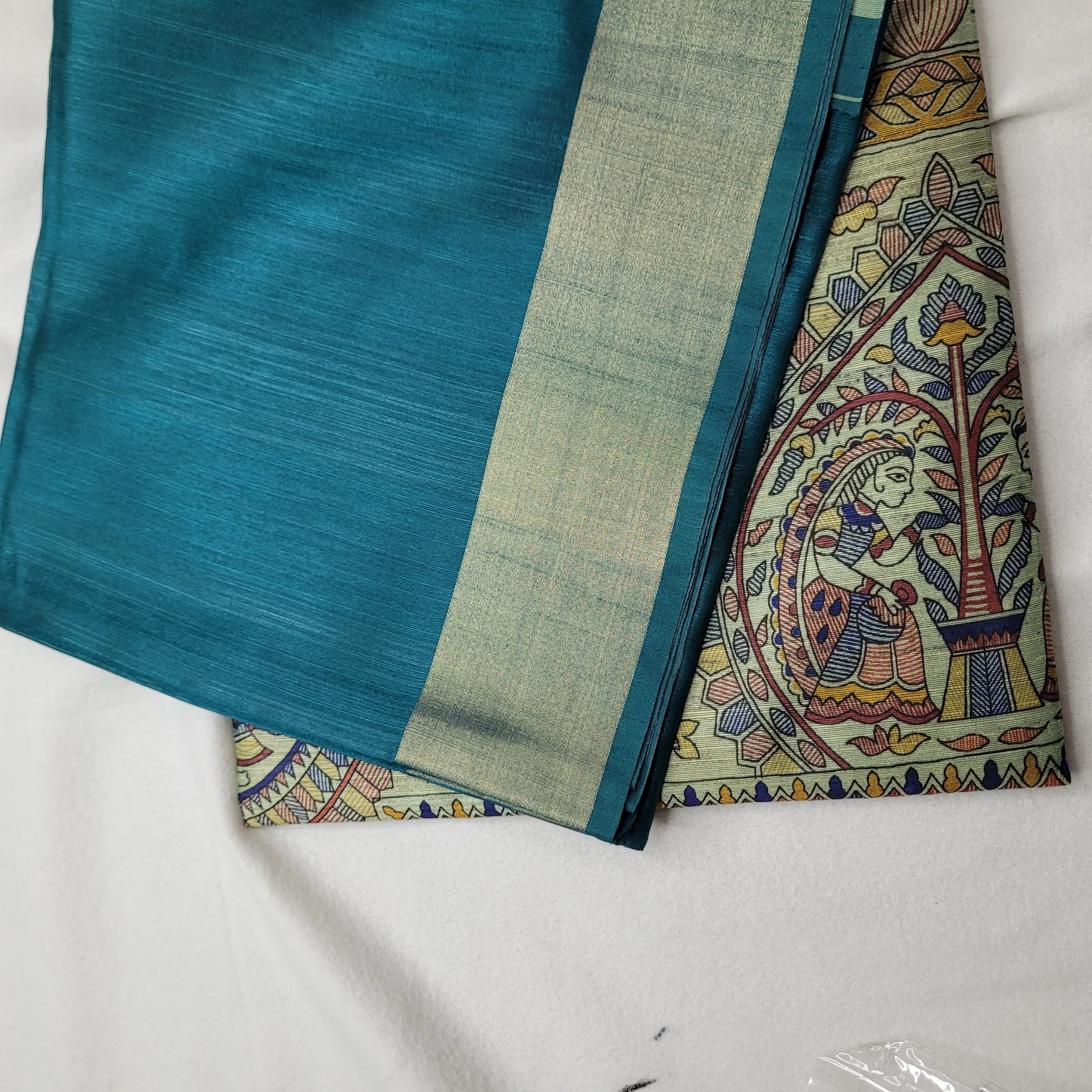 Elegant Teal Tussar Saree with Kalamkari Art| P3-003