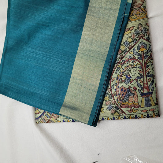 Elegant Teal Tussar Saree with Kalamkari Art| P3-003