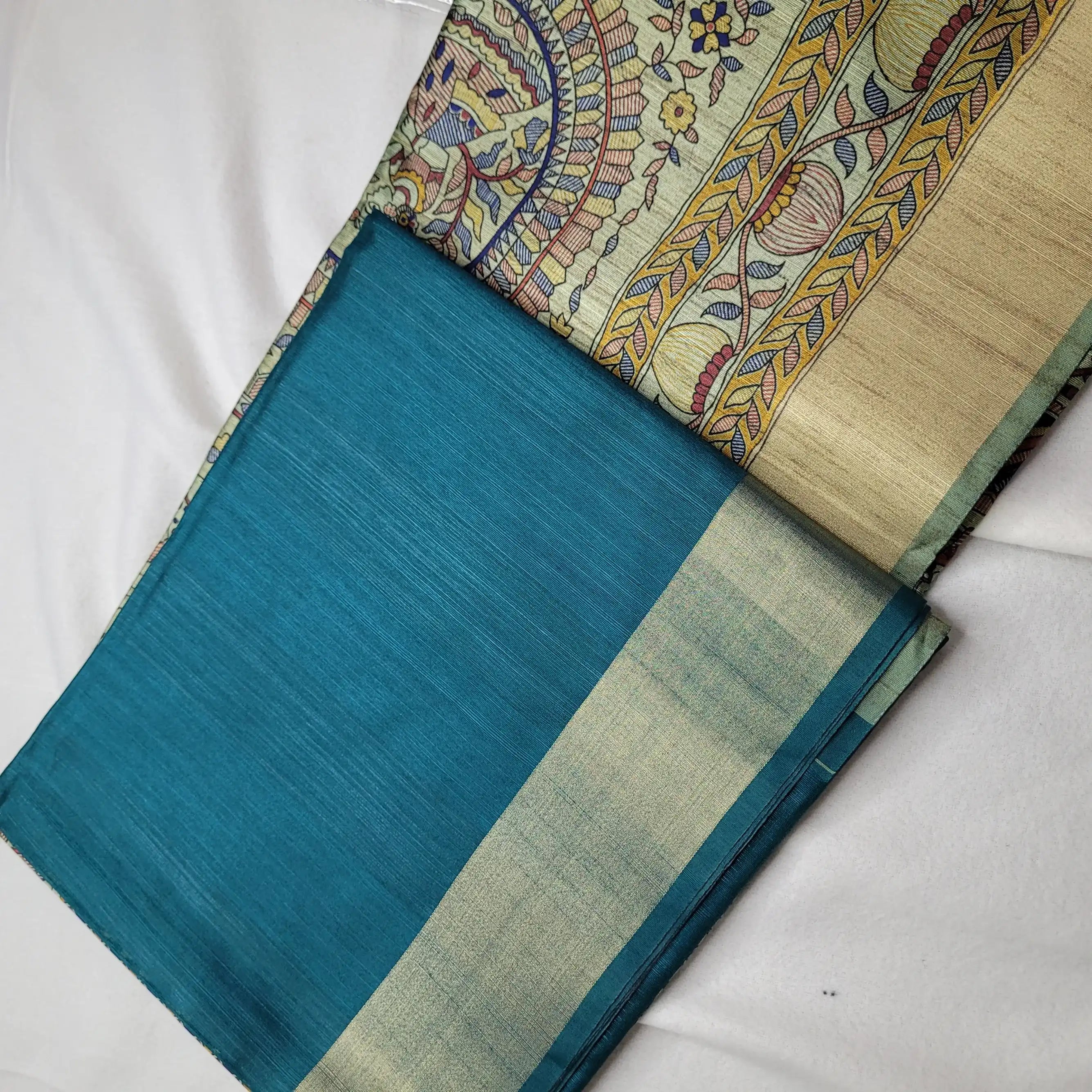 Elegant Teal Tussar Saree with Kalamkari Art| P3-003