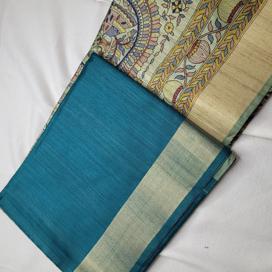 Elegant Teal Tussar Saree with Kalamkari Art| P3-003